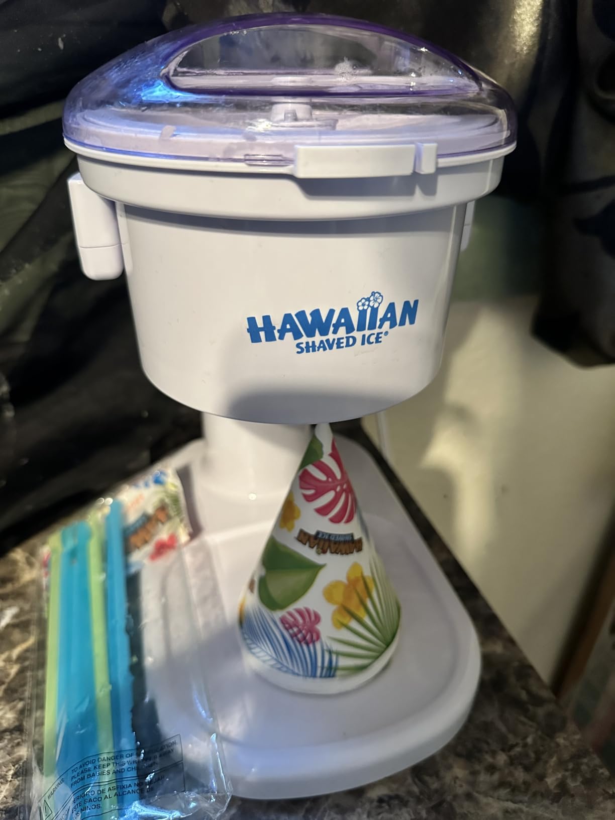 Hawaiian Shaved Ice S700 Kid-Friendly Snow Cone Machine Kit with 3-16oz. Syrup Flavors: Cherry, Grape, and Blue Raspberry, Plus 25 Snow Cone Cups, 25 Spoon Straws, and 3 Black Bottle Pourers customer photo 2