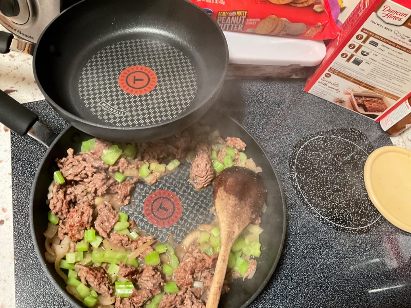 T-fal Ultimate Hard Anodized Nonstick Pots and Pans Set, 14-Piece, Onyx | Titanium nonstick coating, Thermo-Spot heat indicator, Oven safe to 400F, Dishwasher safe, All stovetops except induction customer photo 2