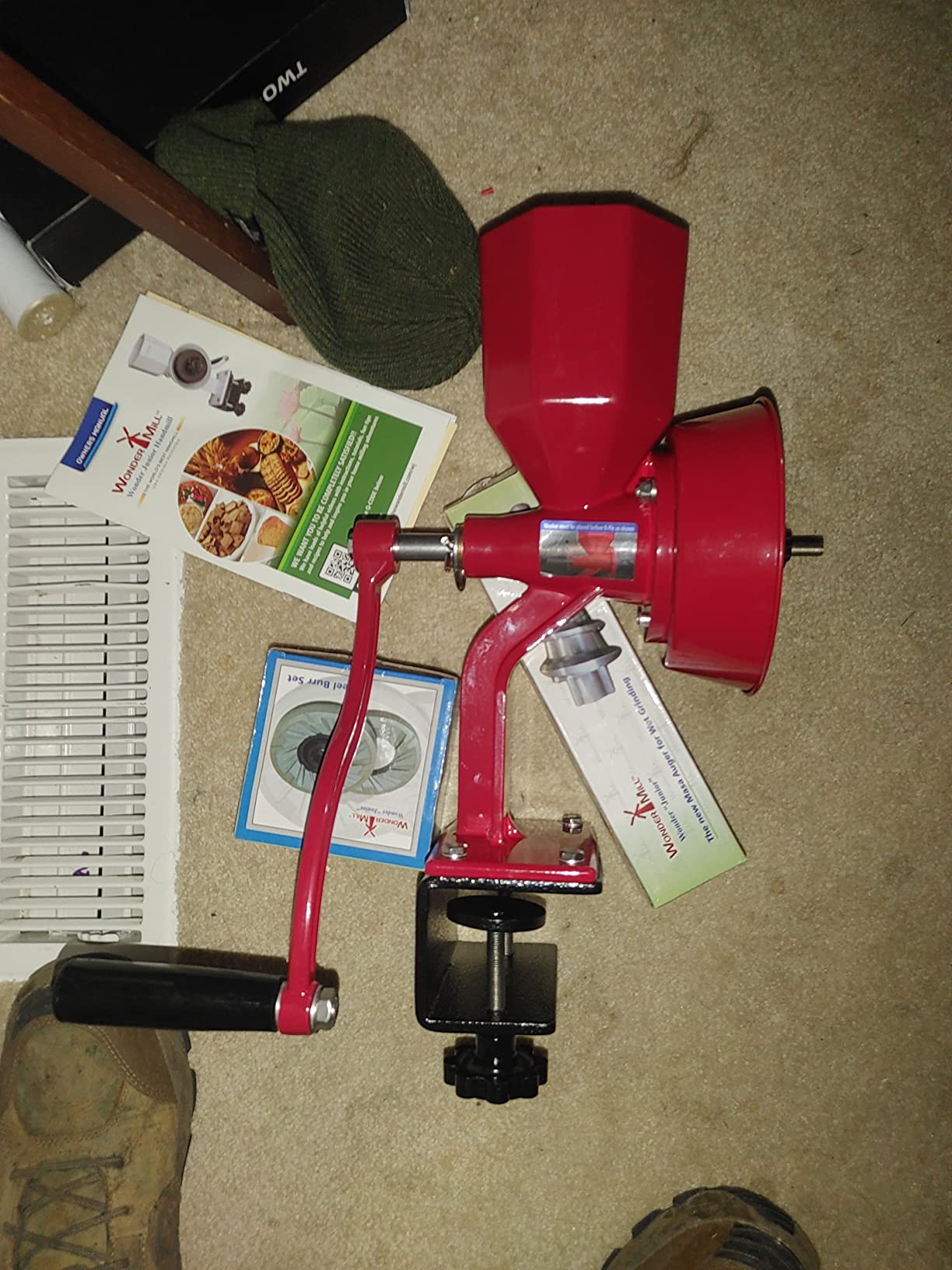 WONDERMILL Junior Deluxe Grain Mill for Flour, Hand Crank Wheat Mill for Grains, Nuts, Seeds, Oily Foods & Spices, Grain Grinder with Stone and Stainless Steel Burrs (Red) customer photo 2