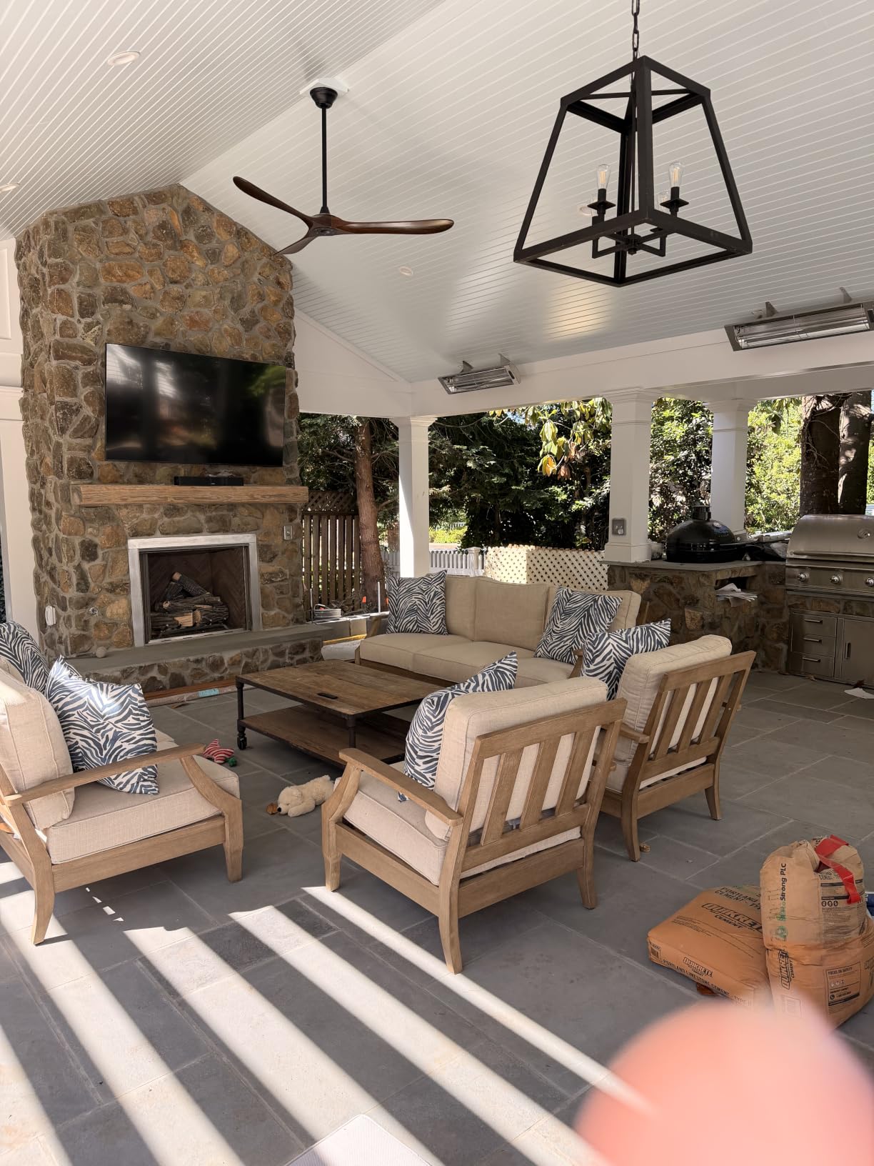 Signature Design by Ashley Clare View Outdoor Patio Sofa, 4 Throw Pillows, Nuvella Weather Resistant Fabric, Eucalyptus Wood, 81