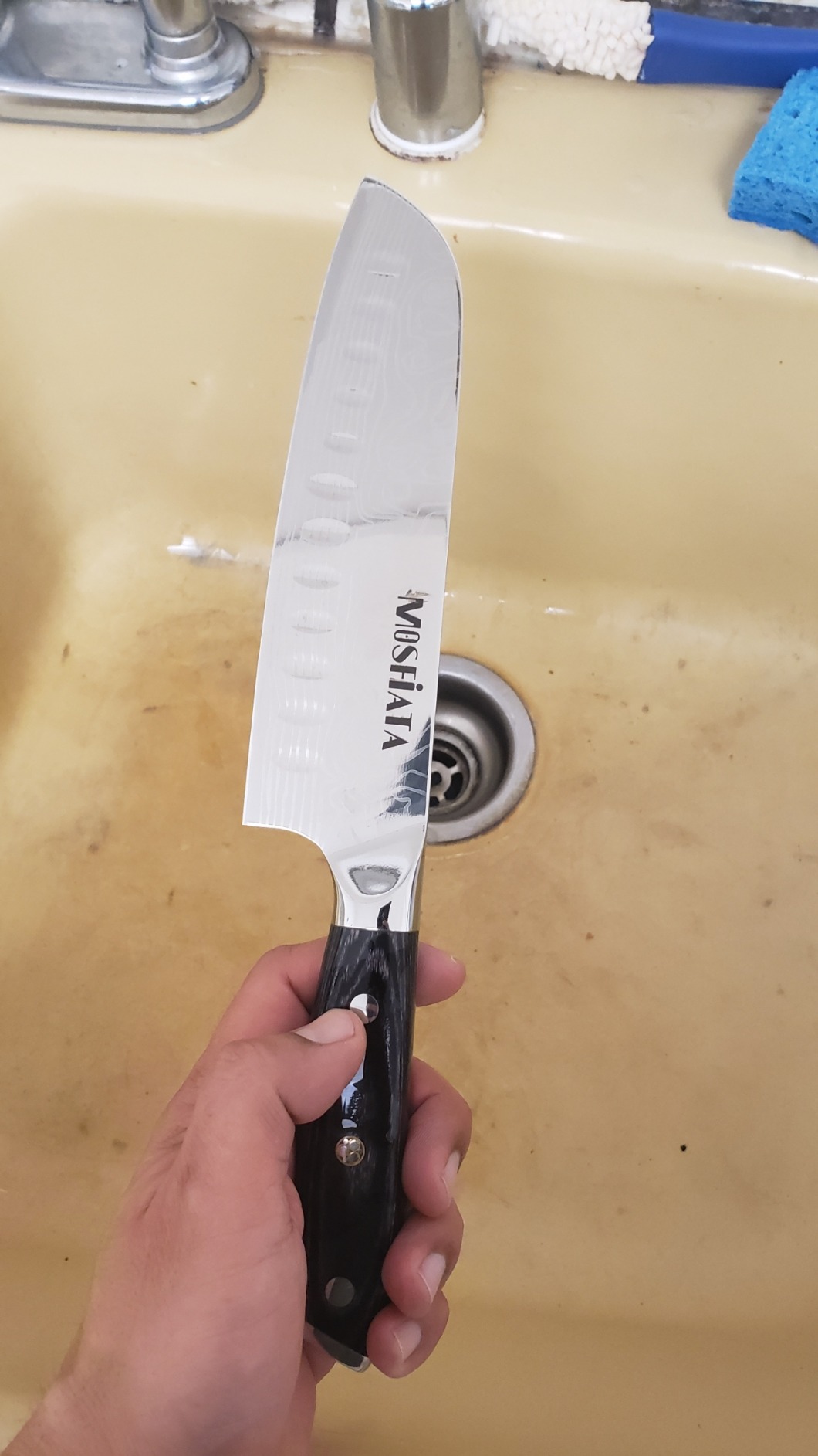 MOSFiATA Santoku Knife 7 Inch Vegetable Knife Ultra Sharp Chopping Knife, Forged EN.4116 German Steel, Including Sheath, Finger Guard, Knife Sharpener, Full Tang, Best Gifts with Handmade Gift Box customer photo 1