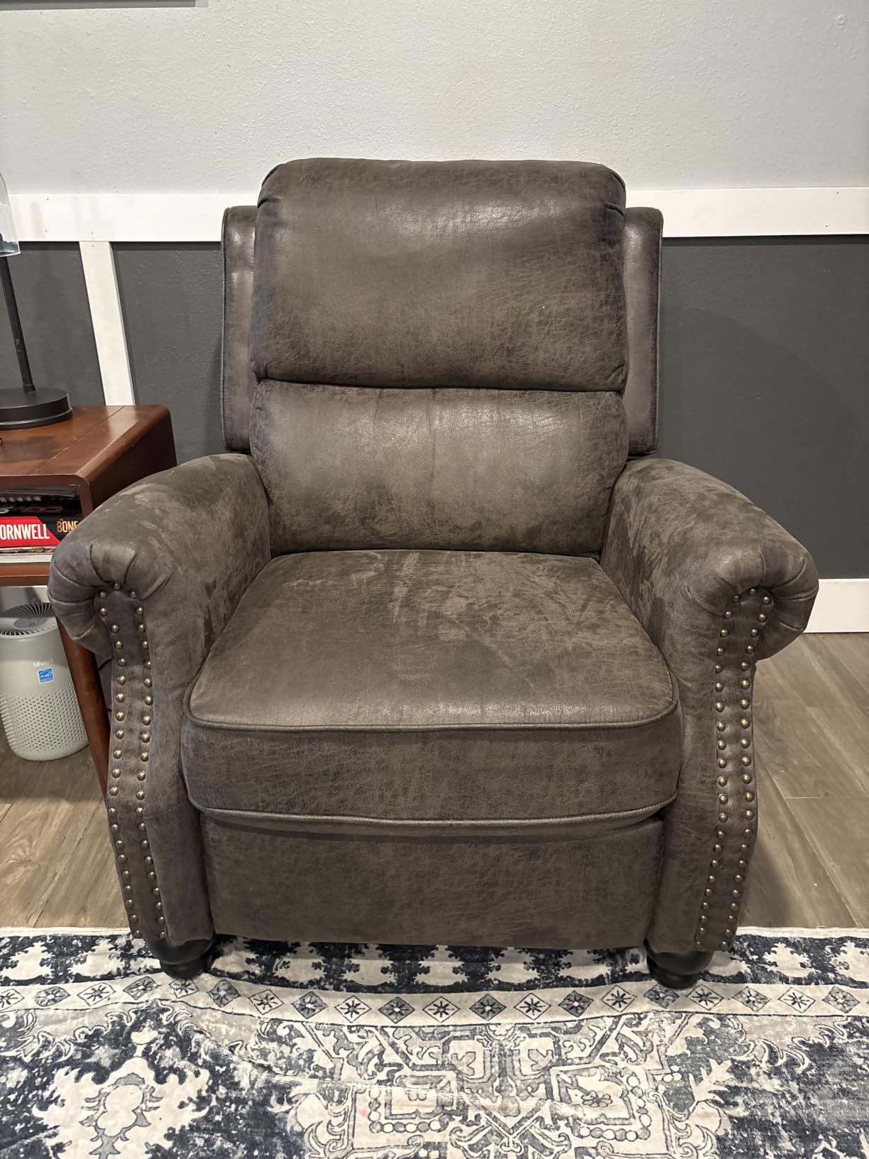 CANMOV Pushback Recliner Chair Faux Leather Armchair Push Back Recliner with Rivet Decoration Single Sofa Accent Chair for Living Room, Chocolate customer photo 2