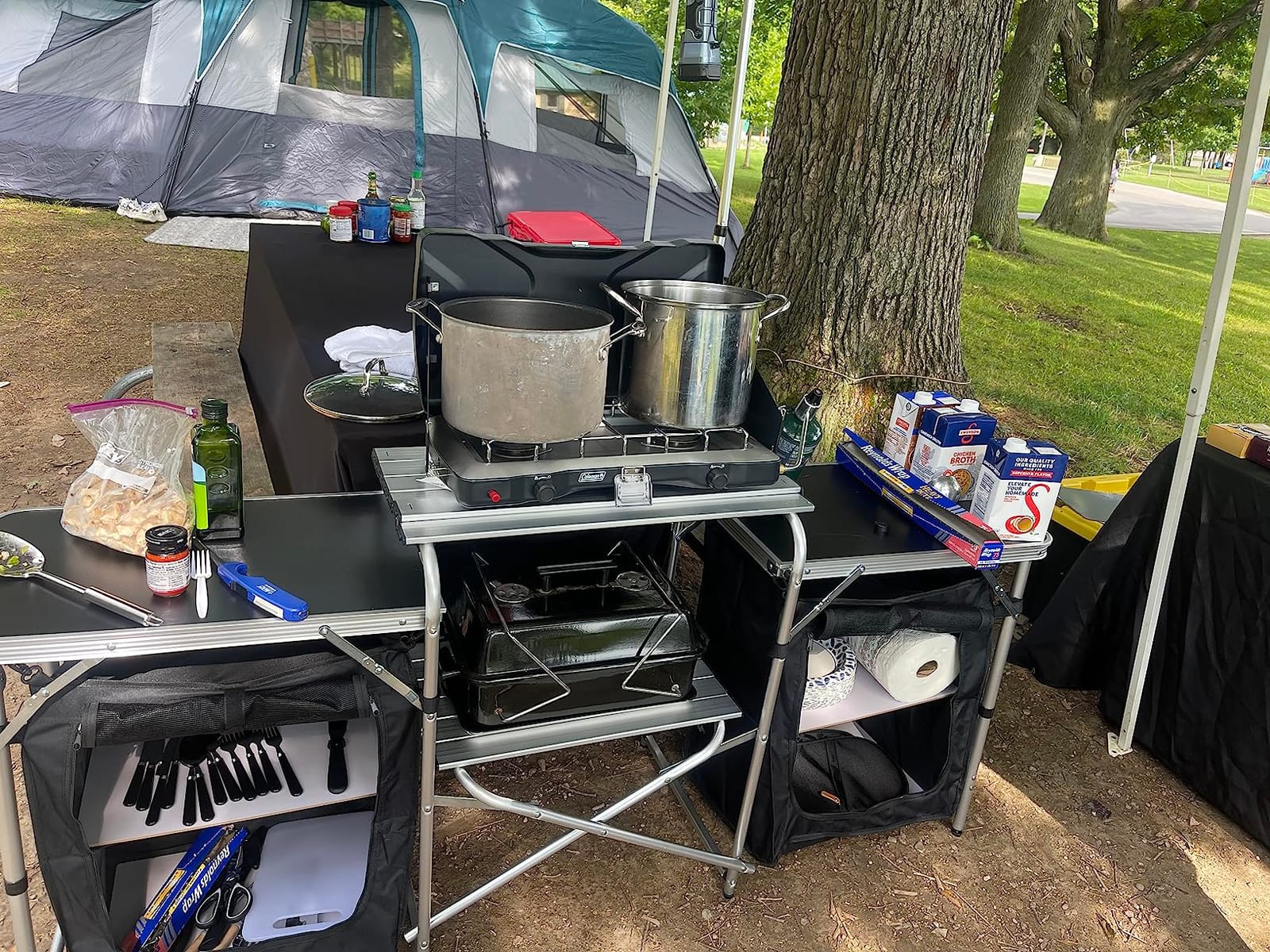 Nice C Camping Kitchen Table, Folding Cook Table, Upgrade Light Stand and Windshield Cook Station & 3 Organizers, Carry Bag for Grill, Outdoor, Beach, BBQ, Picnic, Cooking (Silver) customer photo 1