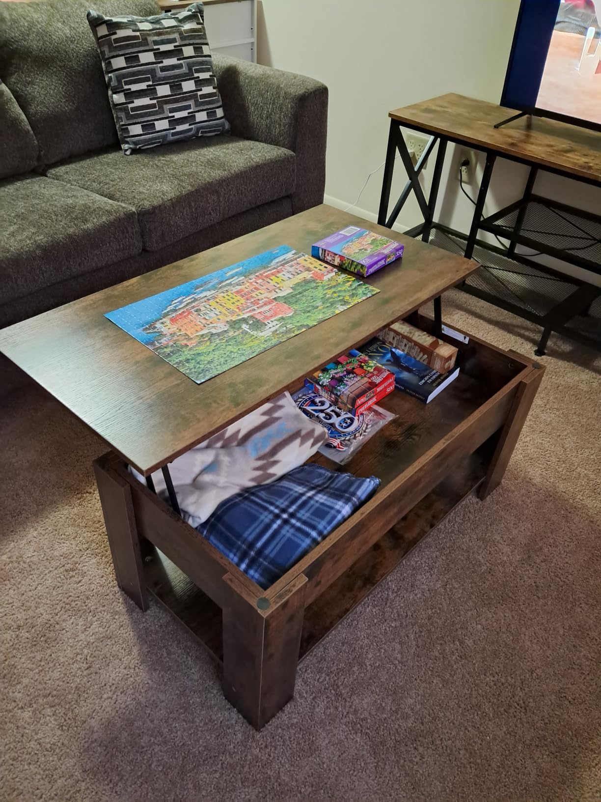 Yaheetech 47.2 in Lift Top Coffee Table with Hidden Storage & Shelf, Gray | Lifting Top Rises to 25 In, Couch Dining or Work, Sturdy Engineered Wood, Adjustable Lower Shelf, Large Living Room table customer photo 1