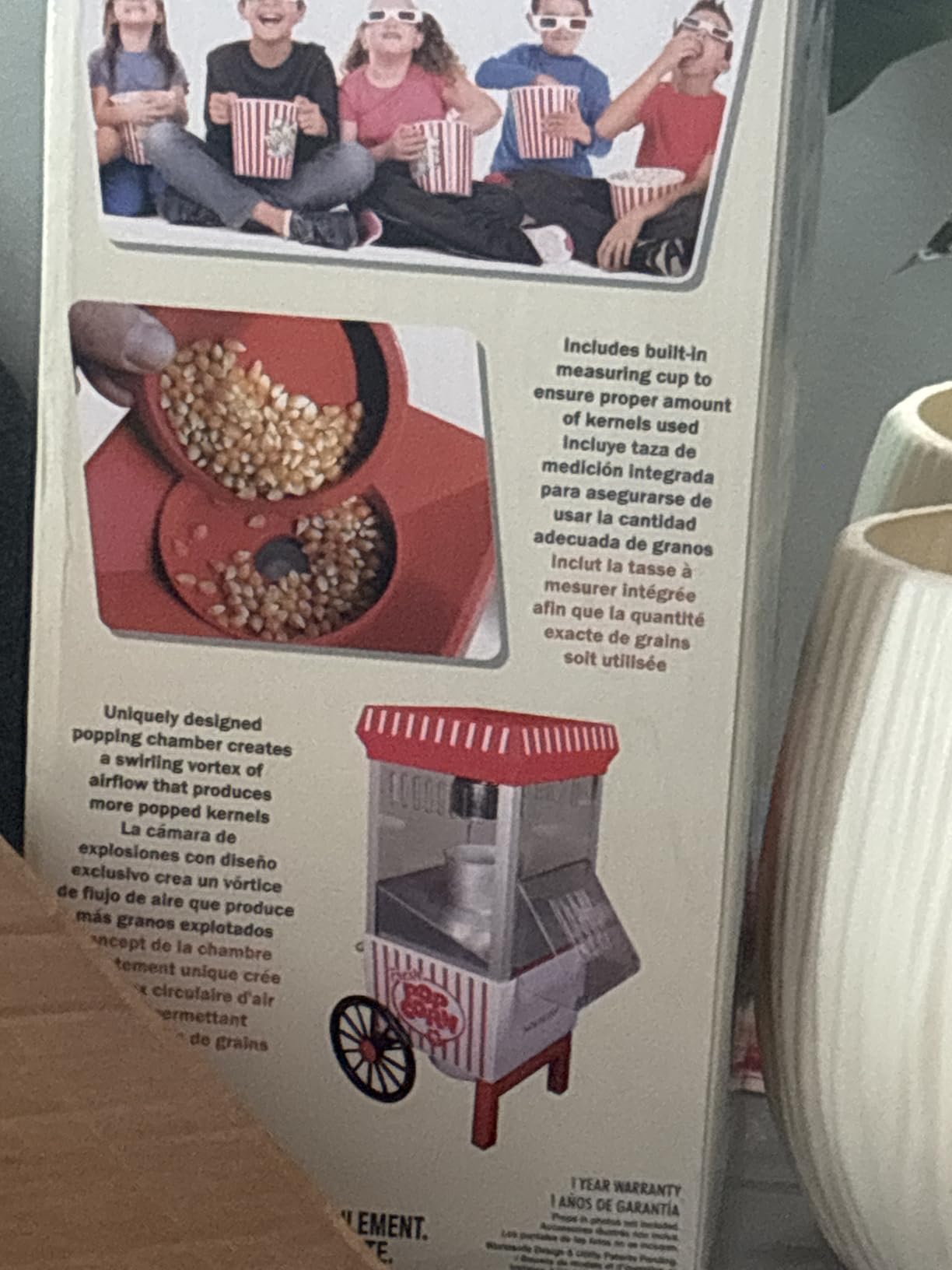 Nostalgia Vintage Hot-Air Popcorn Maker Machine - Makes Up to 12 Cups - Oil-Free - Healthier Popcorn - Classic Stand-Up Cart With Wheels - Includes Kernel Measuring Cup - White & Red customer photo 1