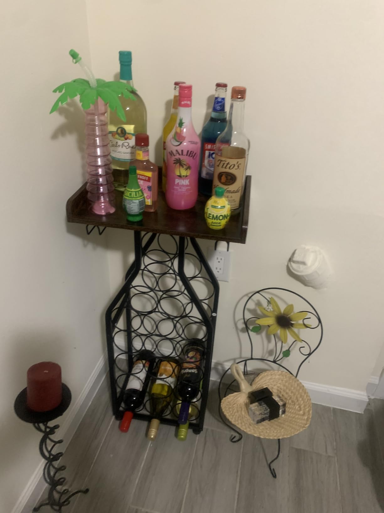 X-cosrack Wine Rack Freestanding Floor, Mini Bar Table Wine Holder Stand Liquor Cabinet with Glass Holder Wood Tabletop 14 Bottles Floor Wine Storage for Home Bar Kitchen Living Room customer photo 1