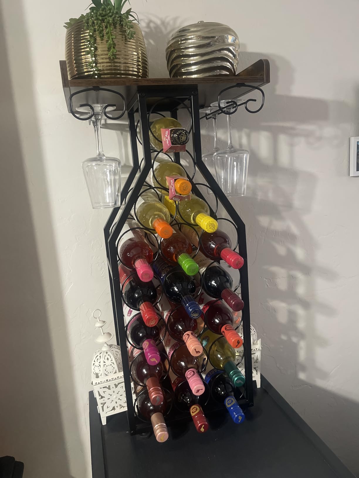 X-cosrack Wine Rack Freestanding Floor, Mini Bar Table Wine Holder Stand Liquor Cabinet with Glass Holder Wood Tabletop 14 Bottles Floor Wine Storage for Home Bar Kitchen Living Room customer photo 2