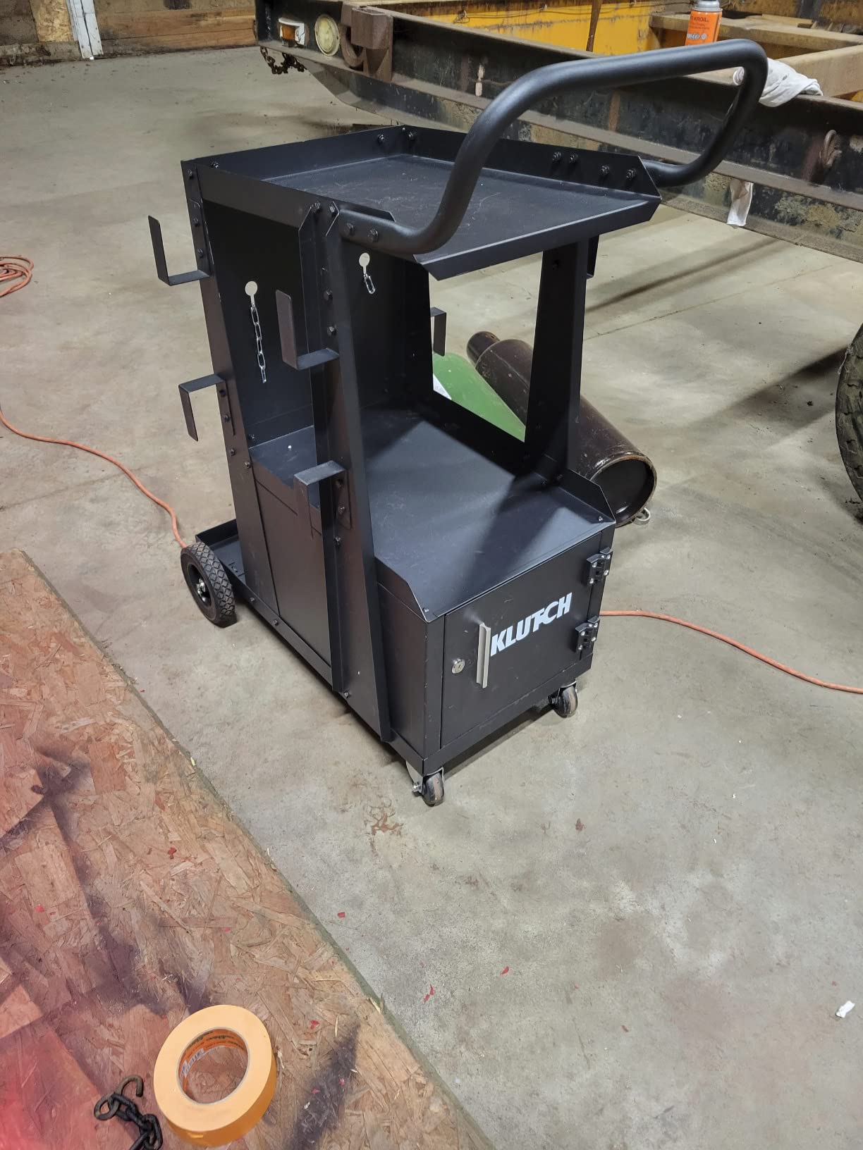 Klutch 2-Tier Welding Cart with Cabinet, 100-Lb., 31.5in.L x 16.1in.W | Gas-cylinder rack, cable wraps, swivel casters, stick/plasma-cutter compatibility, fabrication/repair versatility customer photo 2