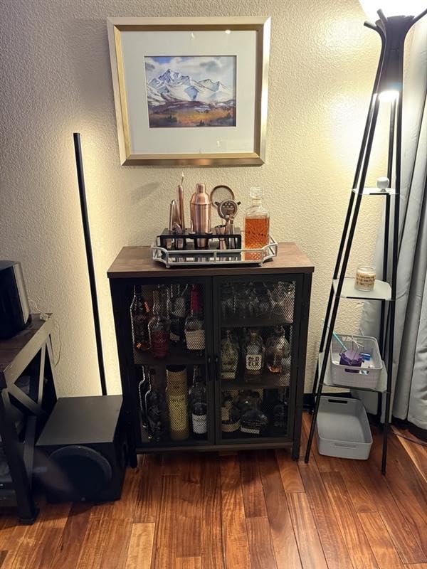 BON AUGURE Coffee Bar Cabinet for Liquor, Small Storage Cabinet, Rustic Oak | 2 Doors, Industrail Alcohol Cabinet, Adjustable Shelves, Farmhouse Sideboard Buffet for Home Kitchen, Dining, Living Room customer photo 2