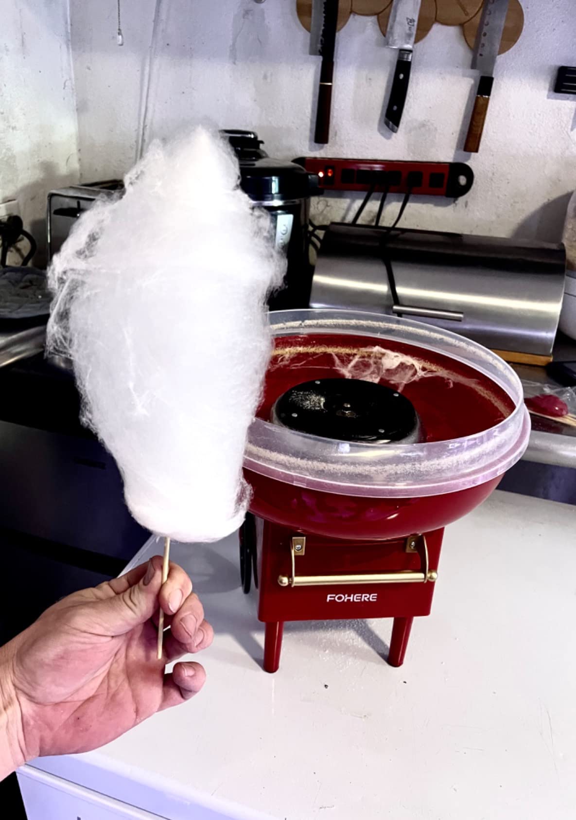 FOHERE Vintage Cotton Candy Machine for Kids Birthday, Red | Countertop Sugar Floss Maker with Scoop Plus 10 Cones, Great for Children's Birthday parties, Carnivals, or Backyard Events customer photo 2