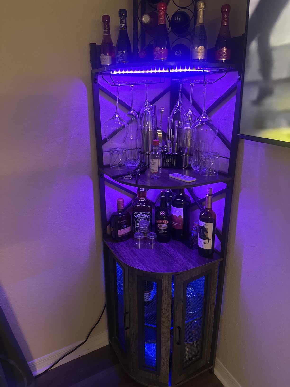 Aheaplus Corner Bar Cabinet with Power Outlet, Industrial Liquor Cabinet | 5-Tiers Wine Cabinet Mini Bar Unit with LED Strip and Glass Holder for Home, Corner Display Cabinet for Small Space, Black customer photo 2