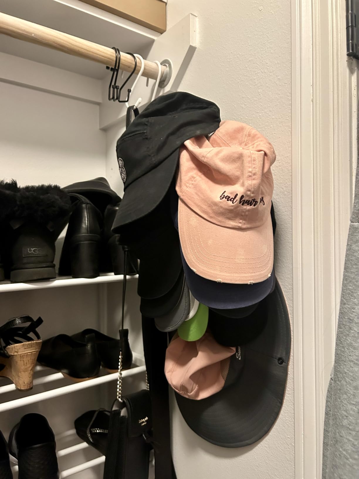 Durmmur Stainless Steel Hat Organizer, Hat Rack for Wall, Each Holds 15 Hats | 2P Strong Adhesive/Wall Drilled Hat Holder, Hat Hooks, Hat Hanger Baseball Cap Organizer for Door, Bedroom, Closet (Black 6 in) customer photo 2