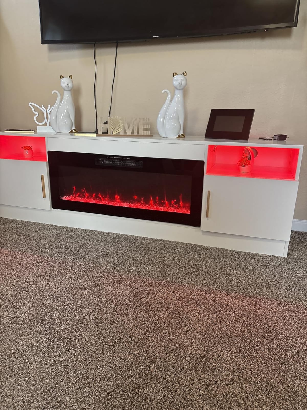 LEMBERI Fireplace TV Stand for up to 65 Inch TVs, Space-Saving LED Modern Entertainment Center for Small Apartments with Built-in 18