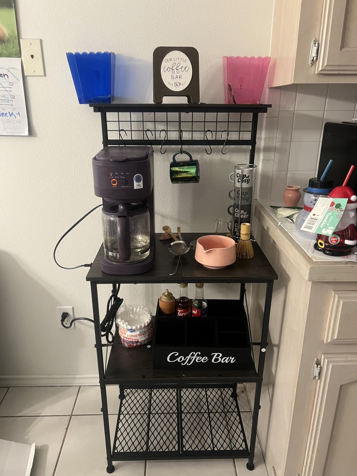 Furologee Kitchen Bakers Rack with Power Outlet, Microwave Oven Stand with Storage 4 Tiers, Coffee Bar Table with 6 S Hooks, Kitchen Storage Shelf Rack for Spices, Pots, Rustic Brown customer photo 2