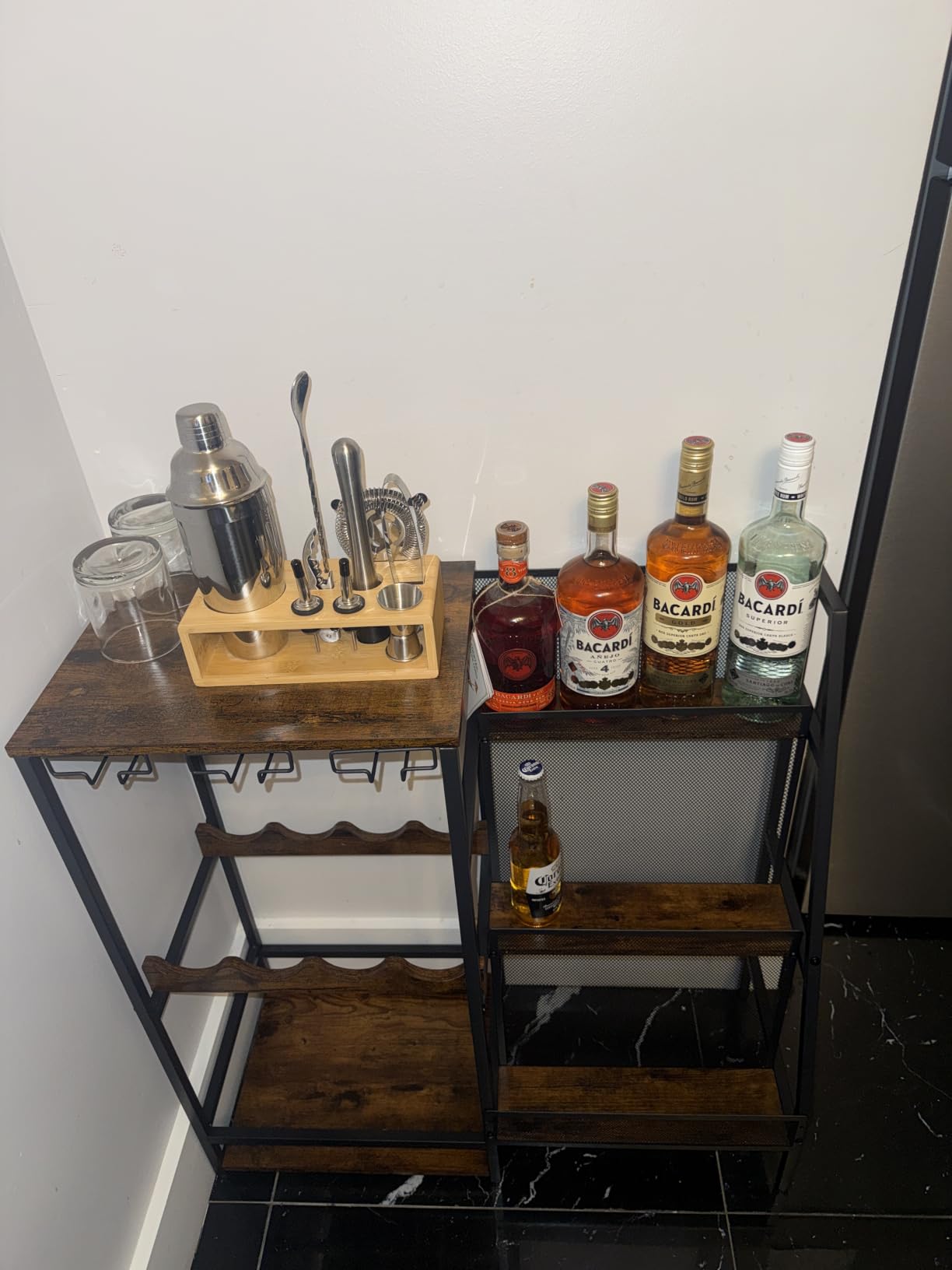 Versatile Liquor Stand for Home Bar, Wine Rack Freestanding Floor, Mini Bar Table for Liquor Whiskey Wine, 3-Tier Trapezoidal Liquor Bottle Display Shelf with Glass Holder and Fences(Patent Pending) customer photo 2
