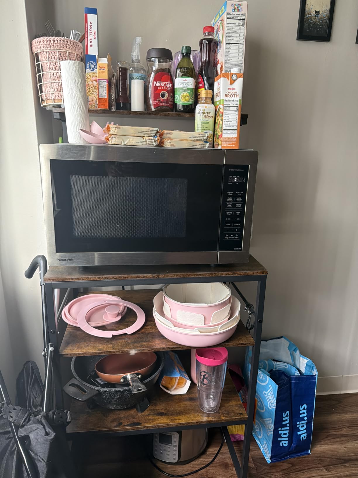 SUPERJARE Bakers Rack with Power Outlets, Microwave Stand, 31.5 X 16.5 Inch Larger Desktop, Kitchen Storage Rack with Adjustable Middle Shelf, 6 S-Shaped Hooks, Coffee Bar Stand, Rustic Brown customer photo 2