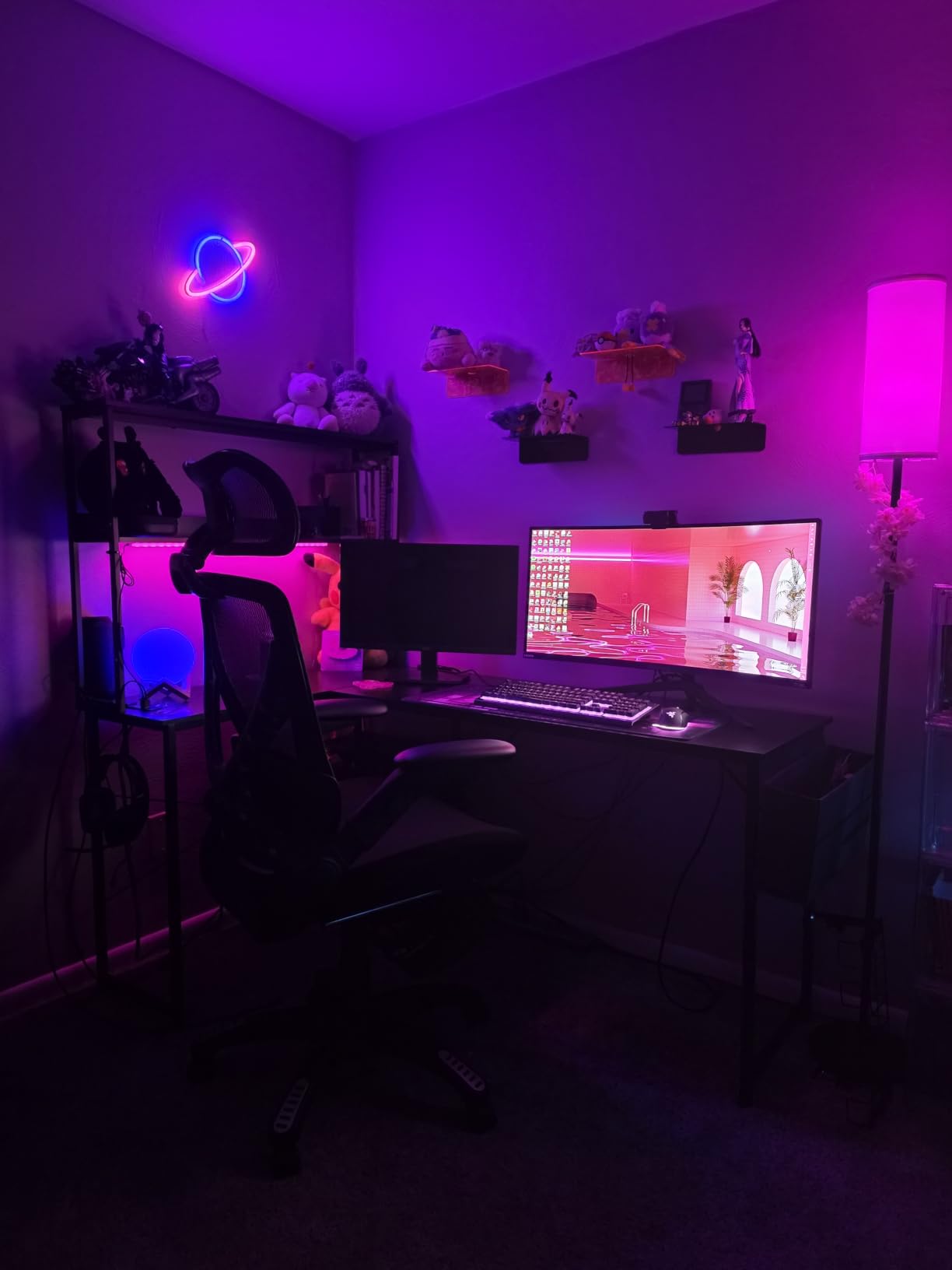 AODK L Shaped Desk Gaming Desk with LED Light & Power Outlet, 53 Inch Reversible L Shaped Computer Table with Shelf & Storage Bag & Hook for Home Office, Black customer photo 1