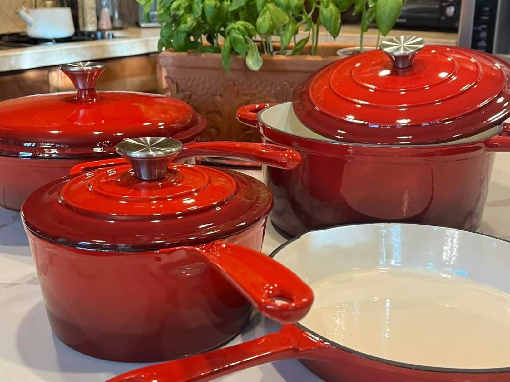 Kitchen Academy 7Pcs Red Enameled Cast Iron Cookware Sets, Heavy Duty | Healthy Pots and Pans Set Non Toxic, Induction Dutch Oven Set, PFOA & PFAS Free customer photo 1