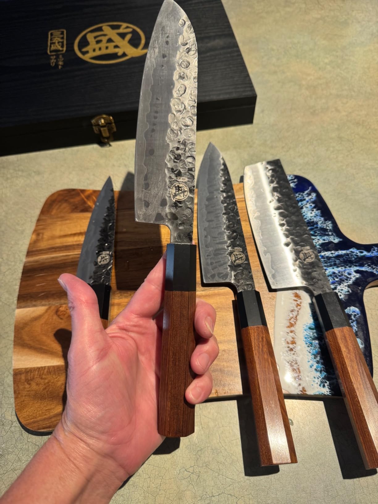 MITSUMOTO SAKARI 4-Piece Japanese Chef Knife Set, San-Mai 9Cr18MoV | Gyuto Santoku Nakiri Paring, Deep-Cryo Heat Treatment, Tsuchime Food Release, Rosewood Handles, Sandalwood Box customer photo 1