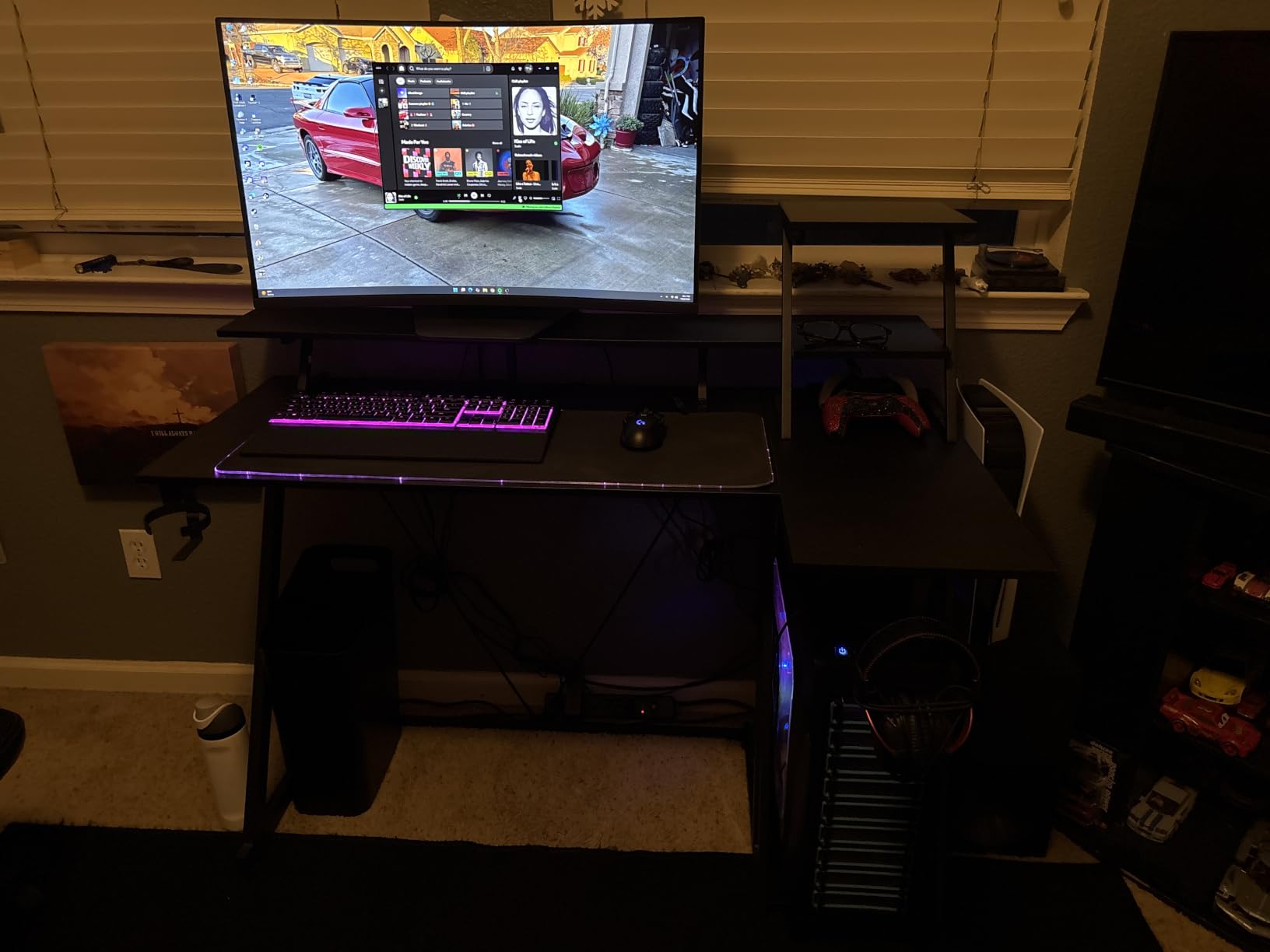 Korfile 40 Inch Gaming Desk with LED Lights & Power Outlet, L Shaped Computer Gaming Table with Storage Shelves, Reversible Corner Desk with Monitor Stand for Home Office, Carbon Fiber Black customer photo 2