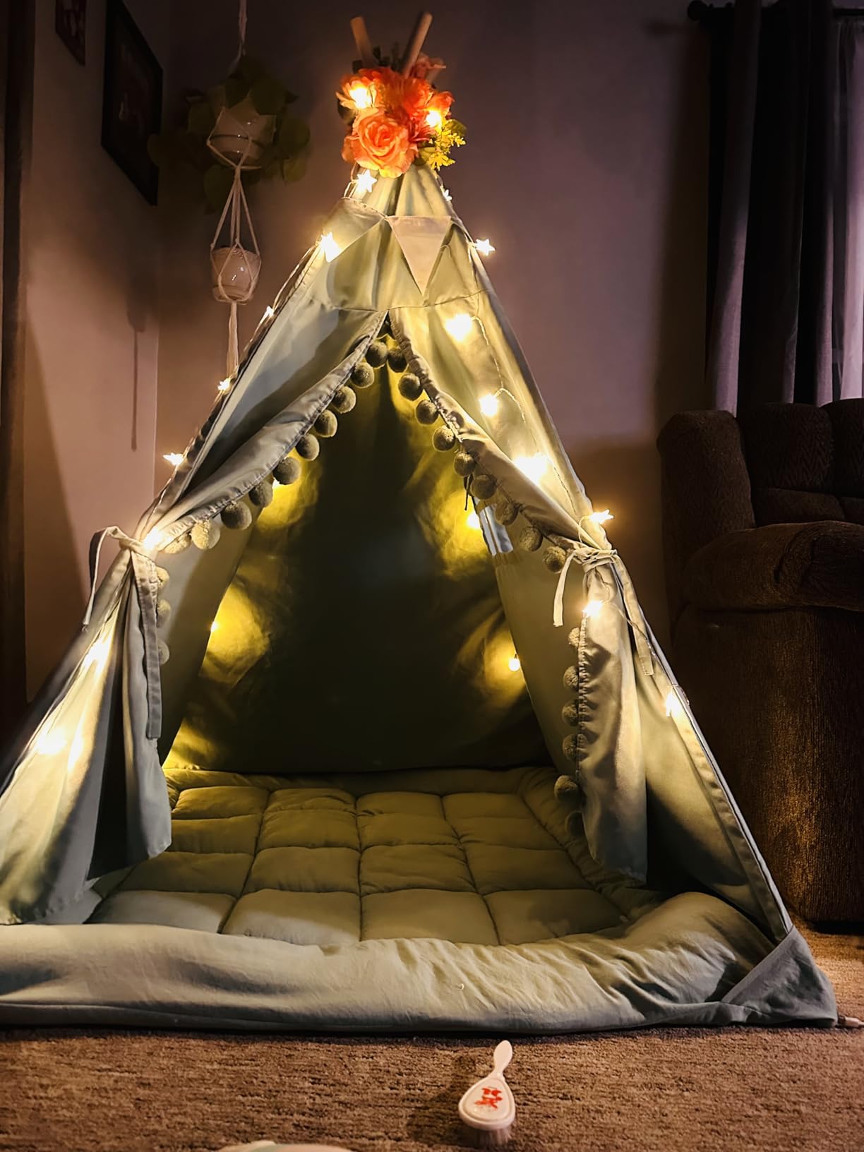 WIRHAO Teepee Tent for Kids with Padded Mat Cotton Canvas Kids Tent with Pompom for Toddlers Indoor Play Tent for Girls Boys with Stars Lights, Carry Bag, Banner Flag (Pink) customer photo 1