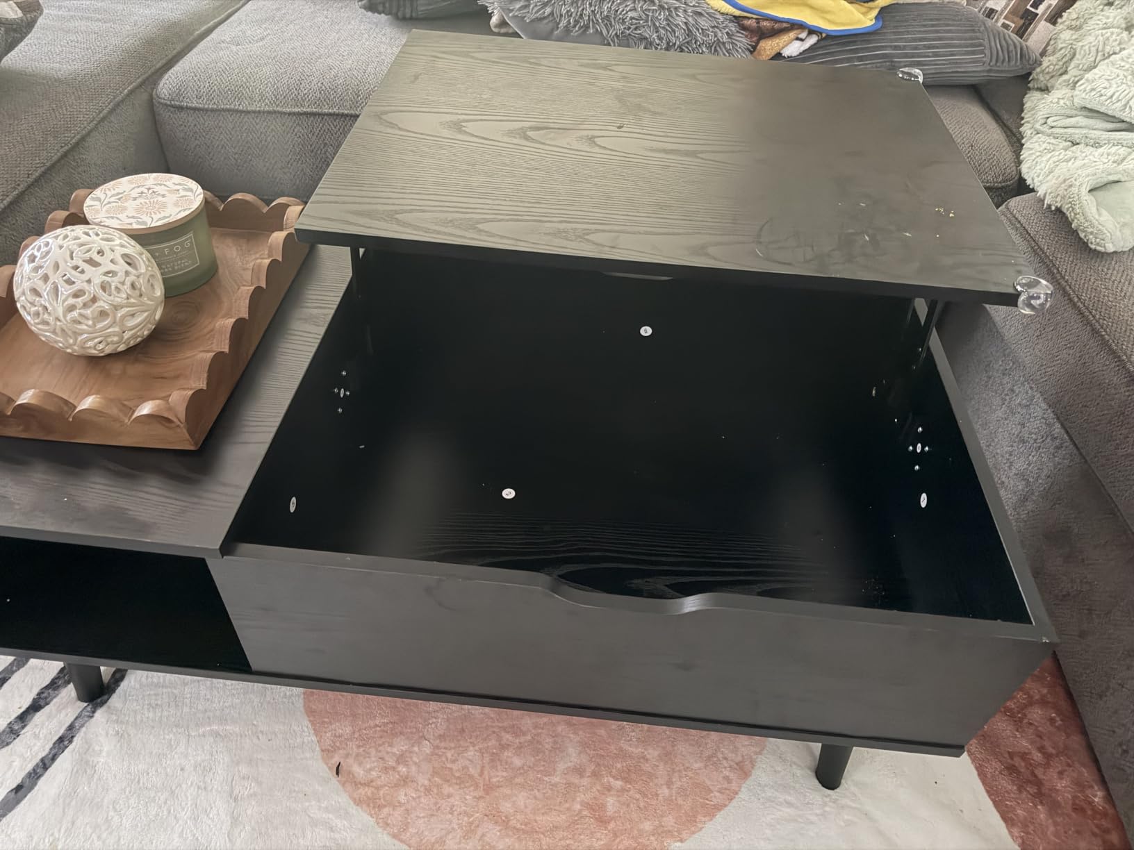 OLIXIS Wood Lift Top Coffee Table with Hidden Compartment and Large Storage Shelf, Lift Tabletop Dining Center Table for Home Living Room Office, Black customer photo 1