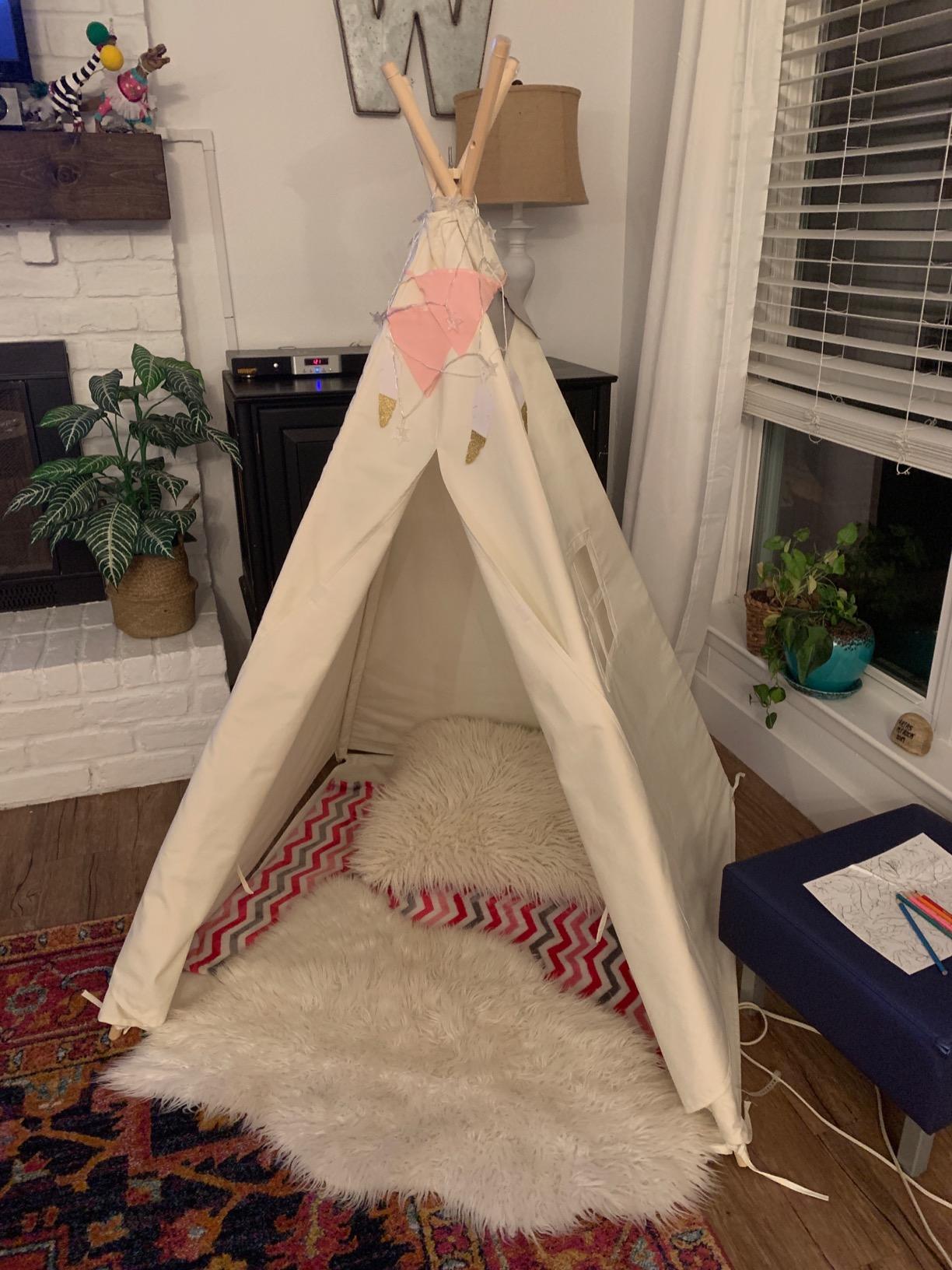 Little Dove Teepee Tent for Kids with Star Lights, Mat & Carry Bag, Premium Cotton Canvas Kids Play Tent with Wooden Poles, Easy Assembly, Foldable Indoor Outdoor Playhouse, Gift for Boys Girls customer photo 1