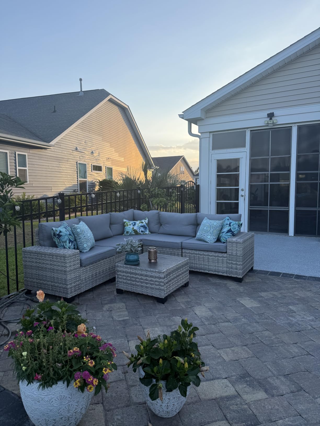Outdoor Patio Furniture Set PE Wicker Rattan Outdoor Sectional Sofa | Patio Conversation Set with 55,000 BTU Fire Pit Table & Rocking Swivel Chair,Coffee Table & Thickened Cushions, Grey customer photo 1