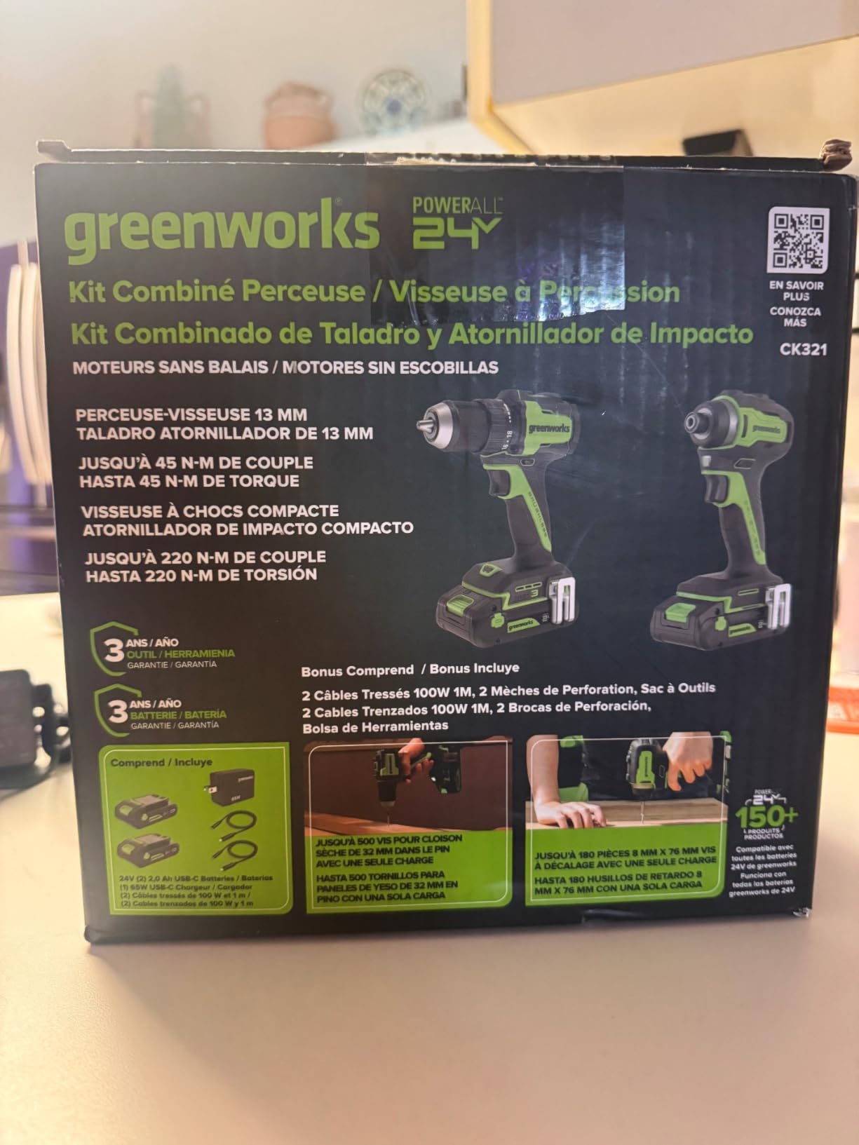 Greenworks 24V Cordless Brushless 400 in-lbs Drill/Driver+1950 in-lbs Impact Driver Combo,High Torque, Lightweight, (2) 2.0Ah USB-C Batteries(12,000mAh Power Bank) and 65W USB-C Fast Charger(3-Port) customer photo 1
