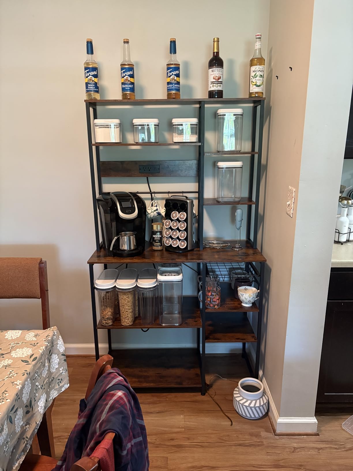 GRUSIGN Kitchen Bakers Rack with Storage, 6-Tier Coffee Bar Station with Power Outlet, Microwave Stand with 12 S-Shaped Hooks, Open Kitchen Storage Shelves for Spices, Pots and Pans, Rustic Brown customer photo 1