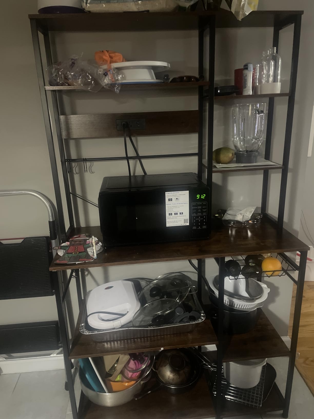 GRUSIGN Kitchen Bakers Rack with Storage, 6-Tier Coffee Bar Station with Power Outlet, Microwave Stand with 12 S-Shaped Hooks, Open Kitchen Storage Shelves for Spices, Pots and Pans, Rustic Brown customer photo 2