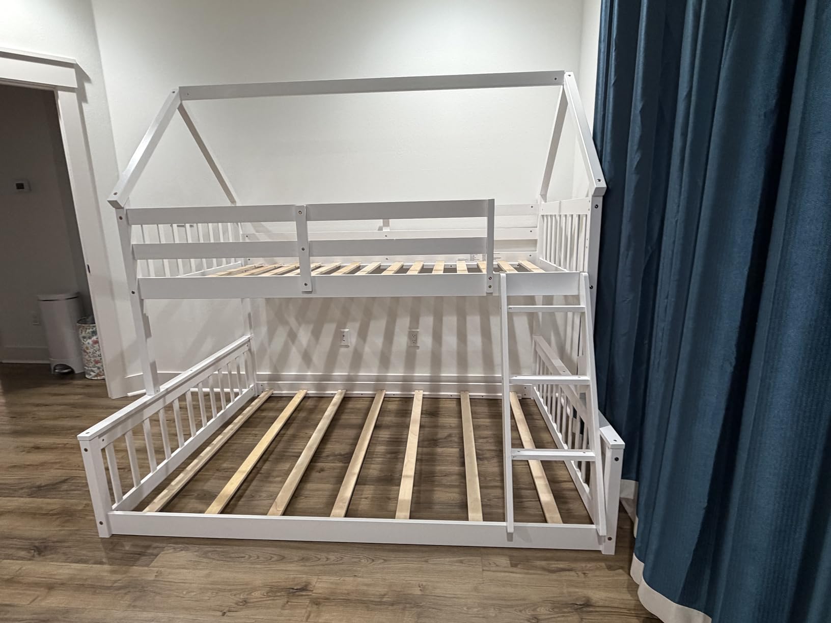 KOMFOTT Wood Twin Over Twin Bunk Bed with Slide & Staircase, Twin House Bunk Bed with Safety Guardrails & Storage, Floor House Bed with Wooden Slat Support for Boys Girls, No Box Spring Needed (White) customer photo 1