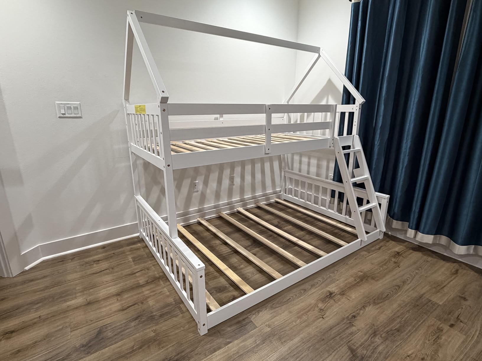 KOMFOTT Wood Twin Over Twin Bunk Bed with Slide & Staircase, Twin House Bunk Bed with Safety Guardrails & Storage, Floor House Bed with Wooden Slat Support for Boys Girls, No Box Spring Needed (White) customer photo 2