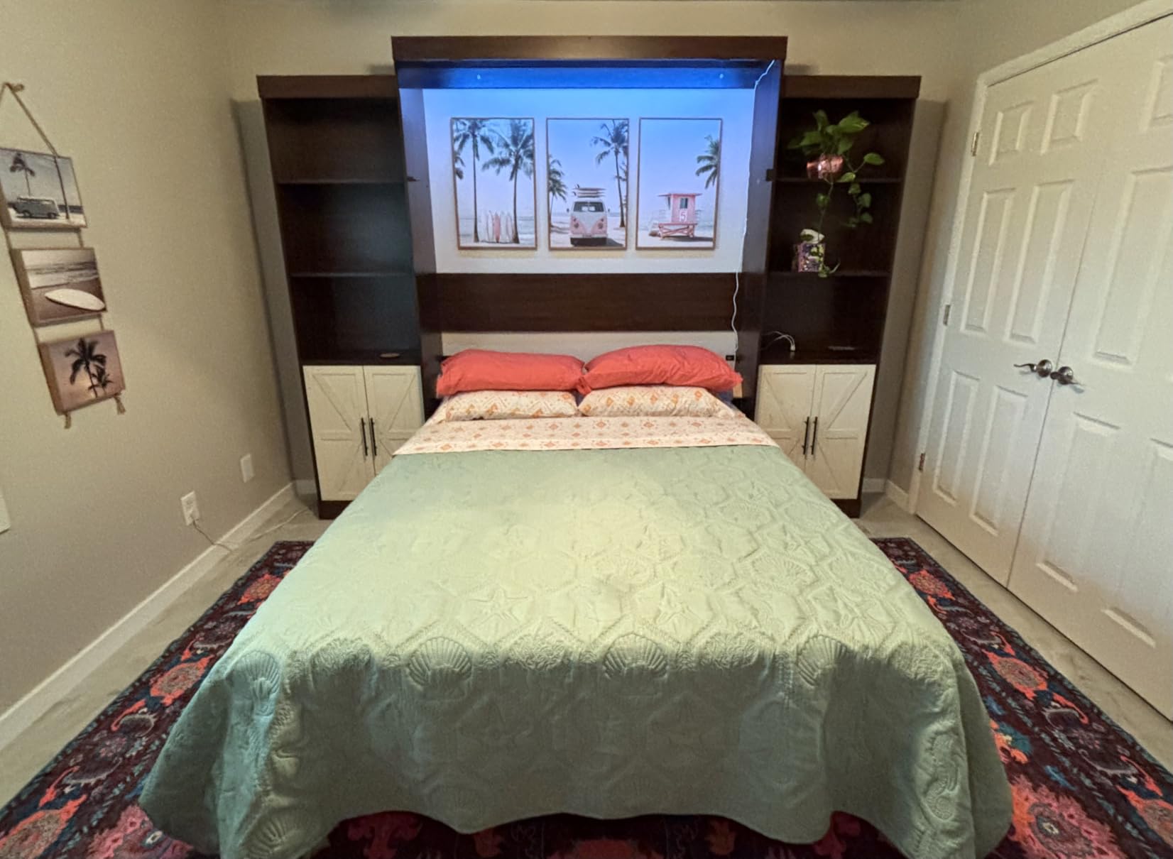 Hlivelood Queen Size Murphy Bed with 2 LED Lights, Farmhouse Wood Hidden Foldable Wall Bed Frame w/Gas Struts, Storage Bed Cabinet for Bedroom, Office, Space-Saving, No Box Spring Needed, Brown customer photo 1