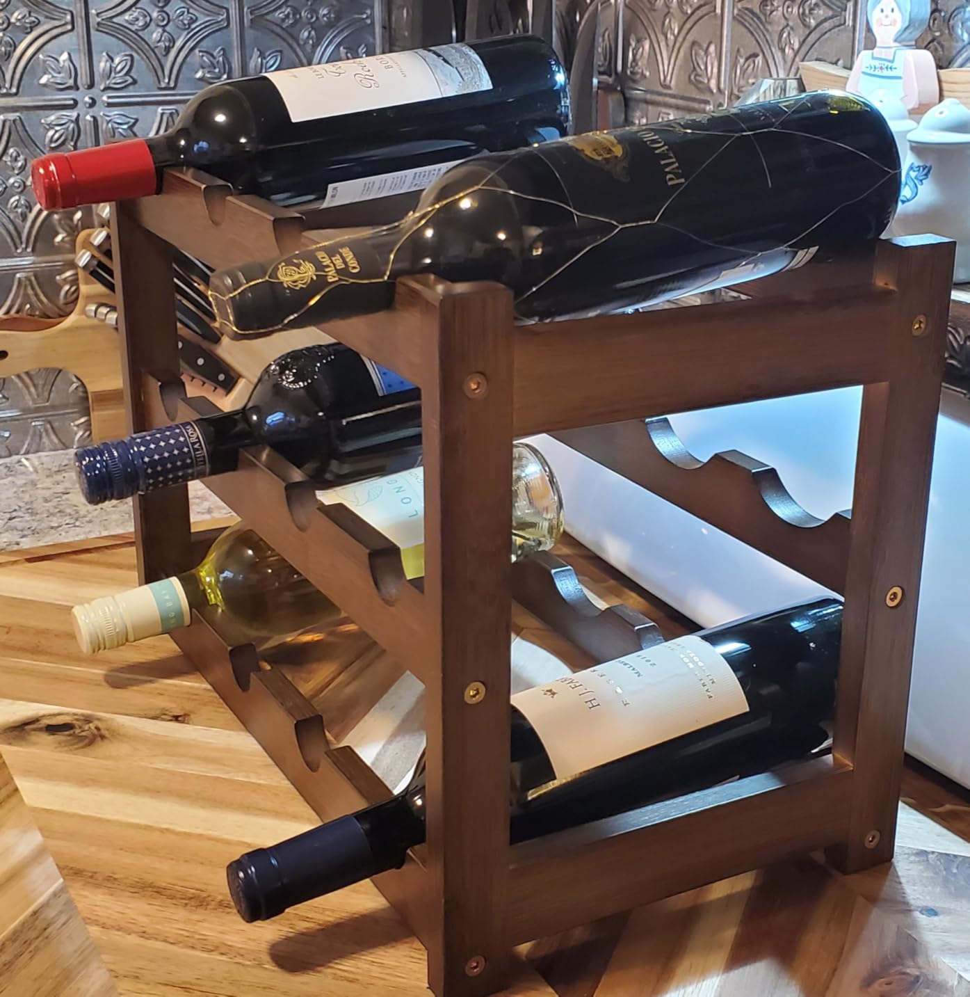 Wine Rack Freestanding Floor, 6-Tier Display Wine Storage Shelf | Holds 24 Bottles, Sturdy Wine Bottle Holder with Table Top,Bamboo Wine Racks for Kitchen Dining Room Bar,Easy-Assembly,Walnut customer photo 1