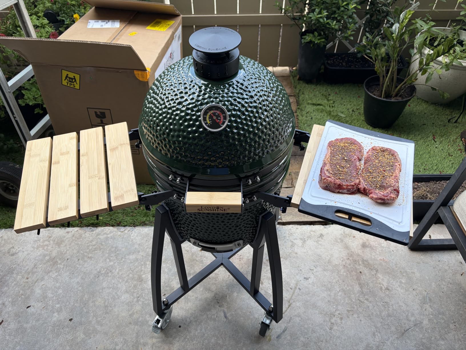 London Sunshine 15-inch Ceramic Kamado Charcoal BBQ Grill & Smoker with Locking Casters, Foldable Side Shelves, Stainless Steel Grates, and Tall Stand (Black) customer photo 1