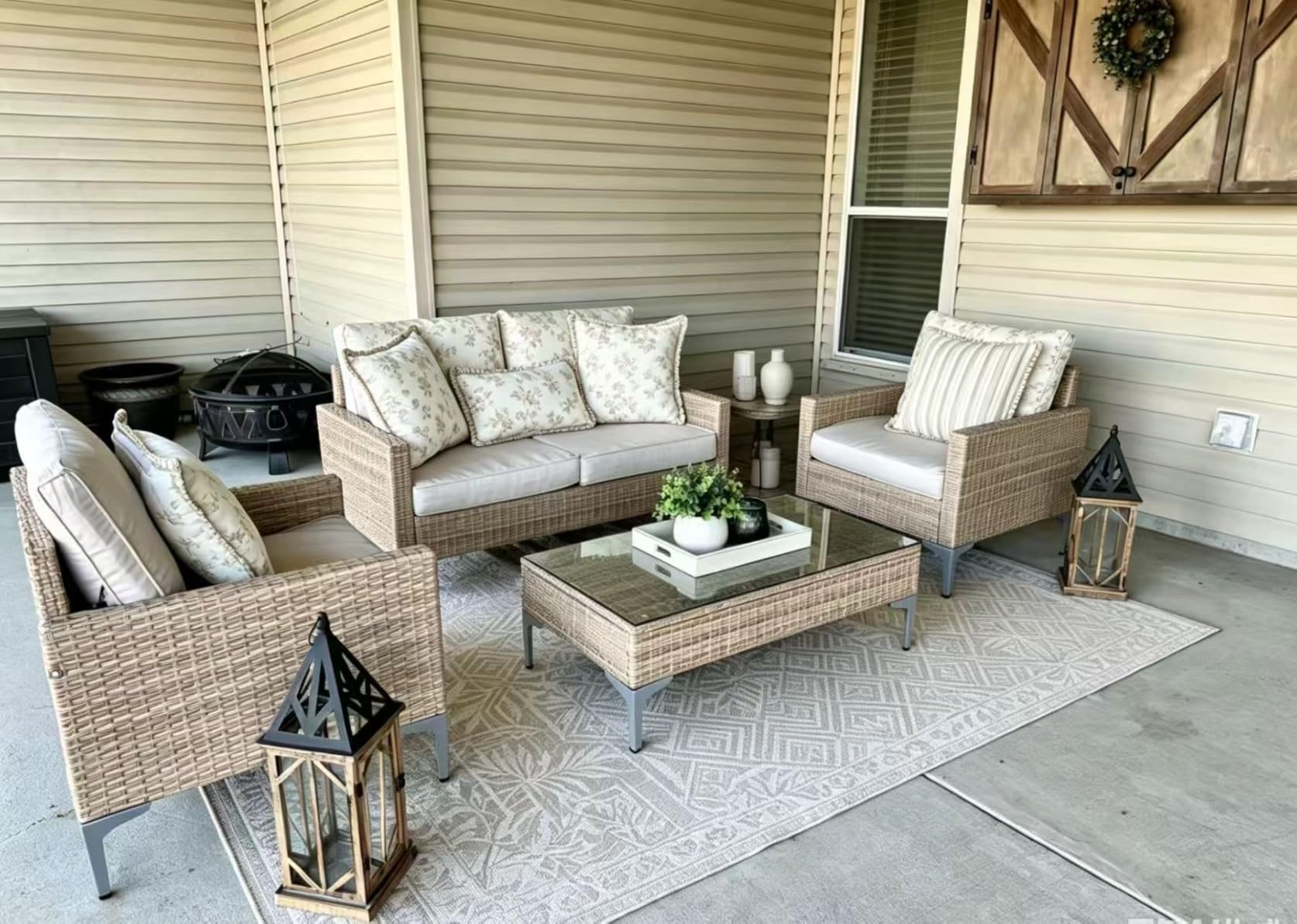 4-Piece Patio Furniture Set, Outdoor Wicker Patio Conversation Set with Tempered Glass Table, All-Weather Rattan Sectional Loveseat&Chairs with Thick Cushions for Garden, Deck, Backyard-Beige customer photo 2