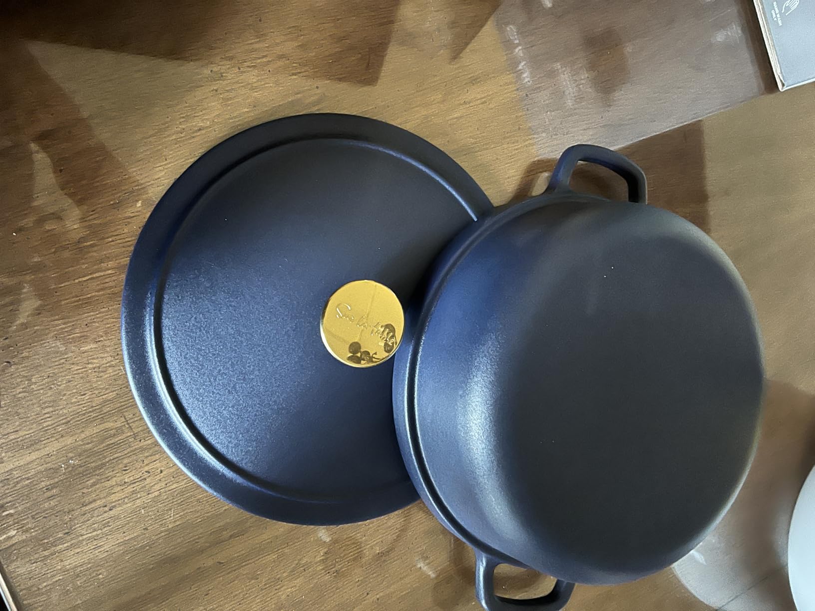 Sur La Table Kitchen Essentials 4-Piece Enameled Cast Iron Stackable Cookware Set, 5.3 Qt Dutch Oven with Lid, Braiser & Grill Pan, Navy Blue, Gold Knob Oven Safe to 500°F, Induction Compatible customer photo 1