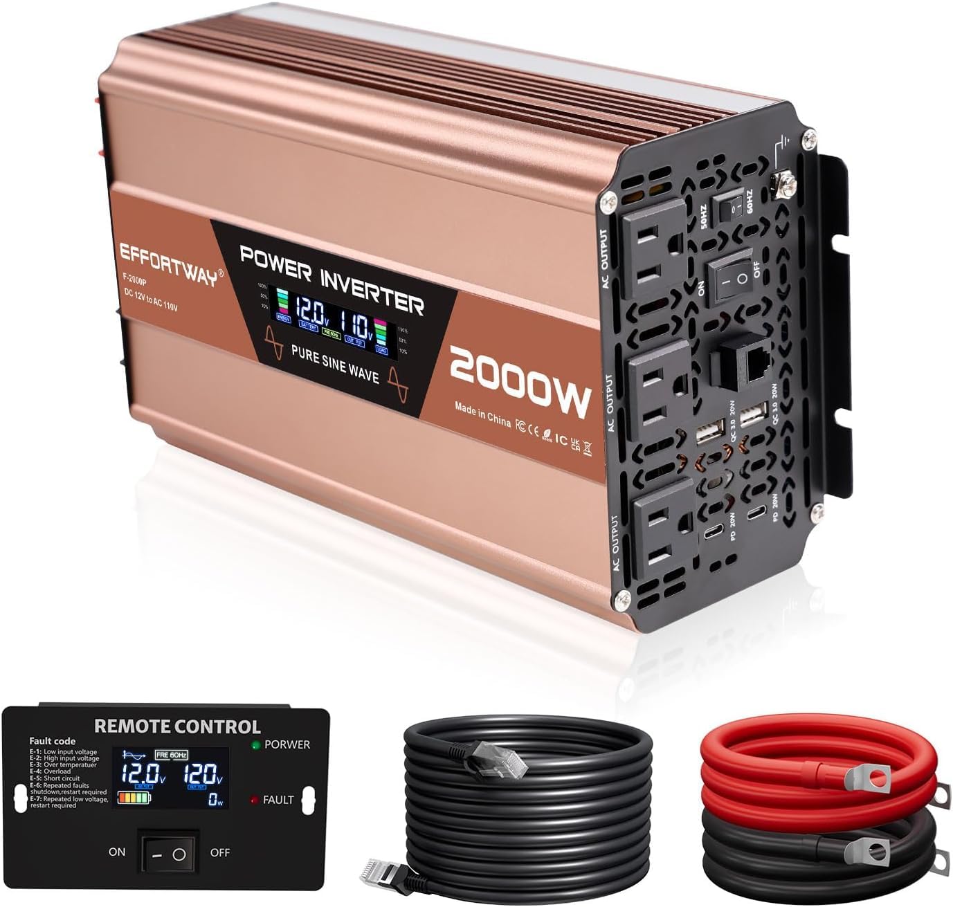 2000W Pure Sine Wave Inverter, 4000W Peak, 12V DC to 120V AC Power Inverter, LCD Display, Wired Remote Control, 3 AC Outlets, USB-C & USB-A Fast Charging for RV, Truck, Solar customer photo 1