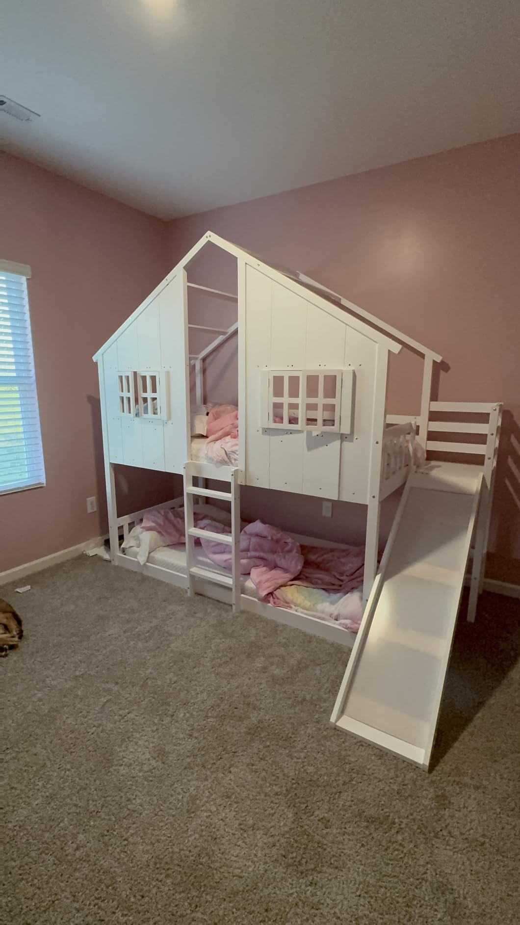 Jocisland Twin Over Twin Bunk Bed with Slide and Ladder, Solid Wood, Oak | Play House Bunk Bed, 14