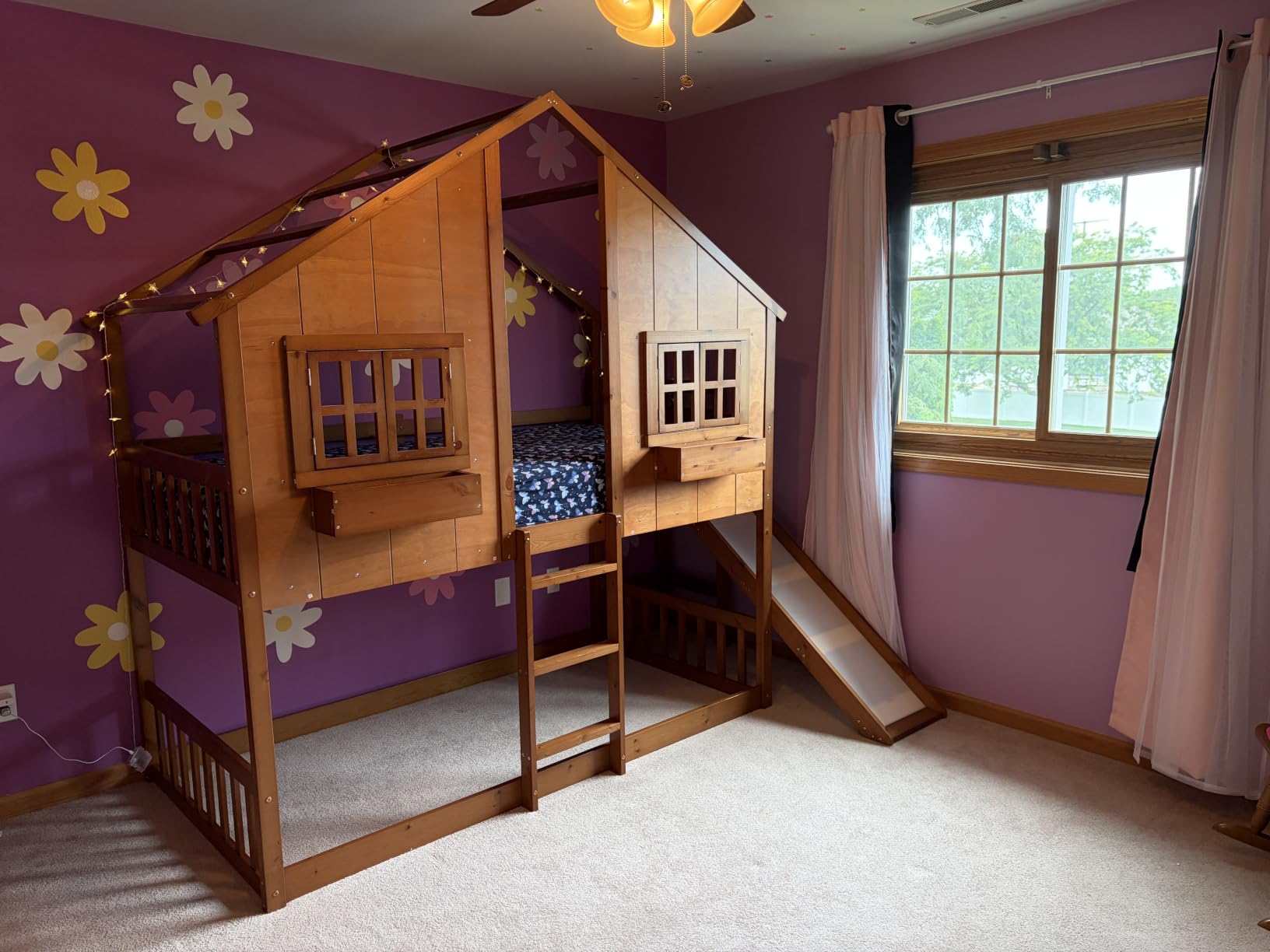 Jocisland Twin Over Twin Bunk Bed with Slide and Ladder, Solid Wood, Oak | Play House Bunk Bed, 14