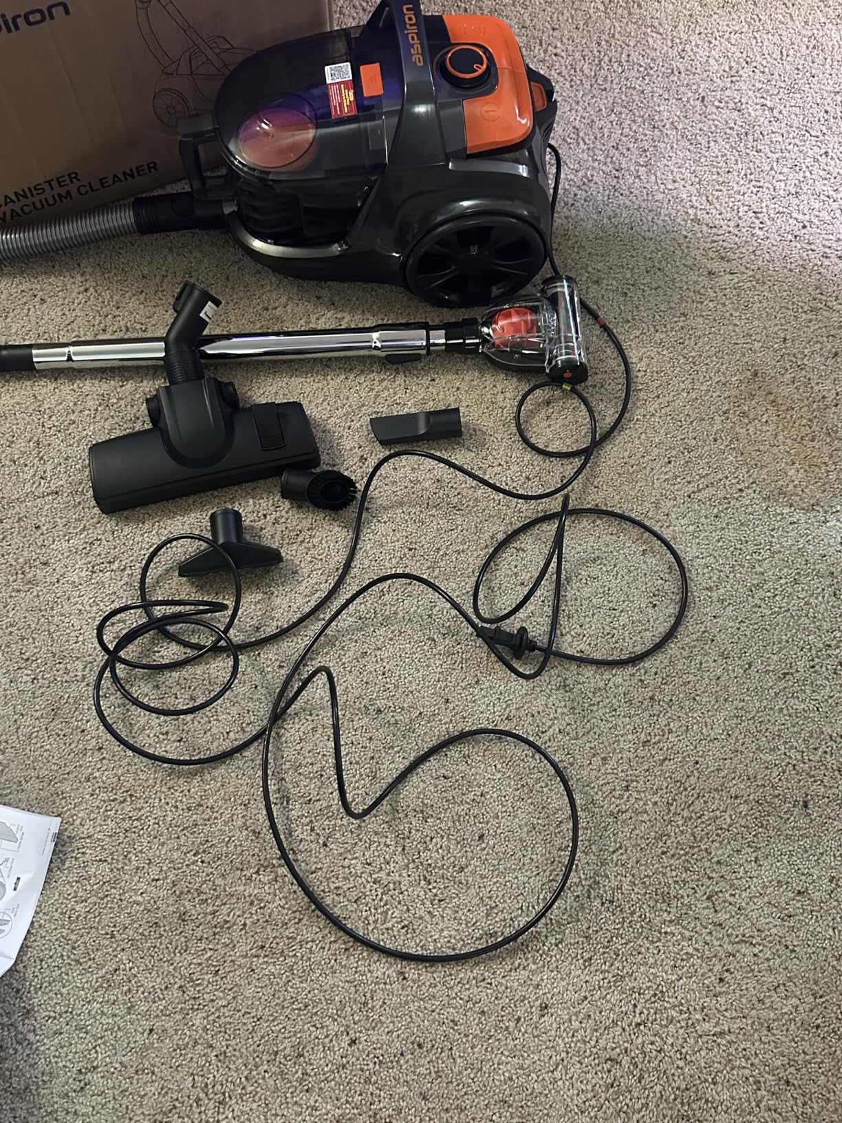 Canister Vacuum, Upgraded 1600W Bagless Canister Vacuum Cleaner, Auto Cord Rewind, H13 HEPA Filter, 4Qt Large Capacity, 5 Tools for Hard Floors, Carpet, Pet, Upholstery, Tiles, Tangerine customer photo 1