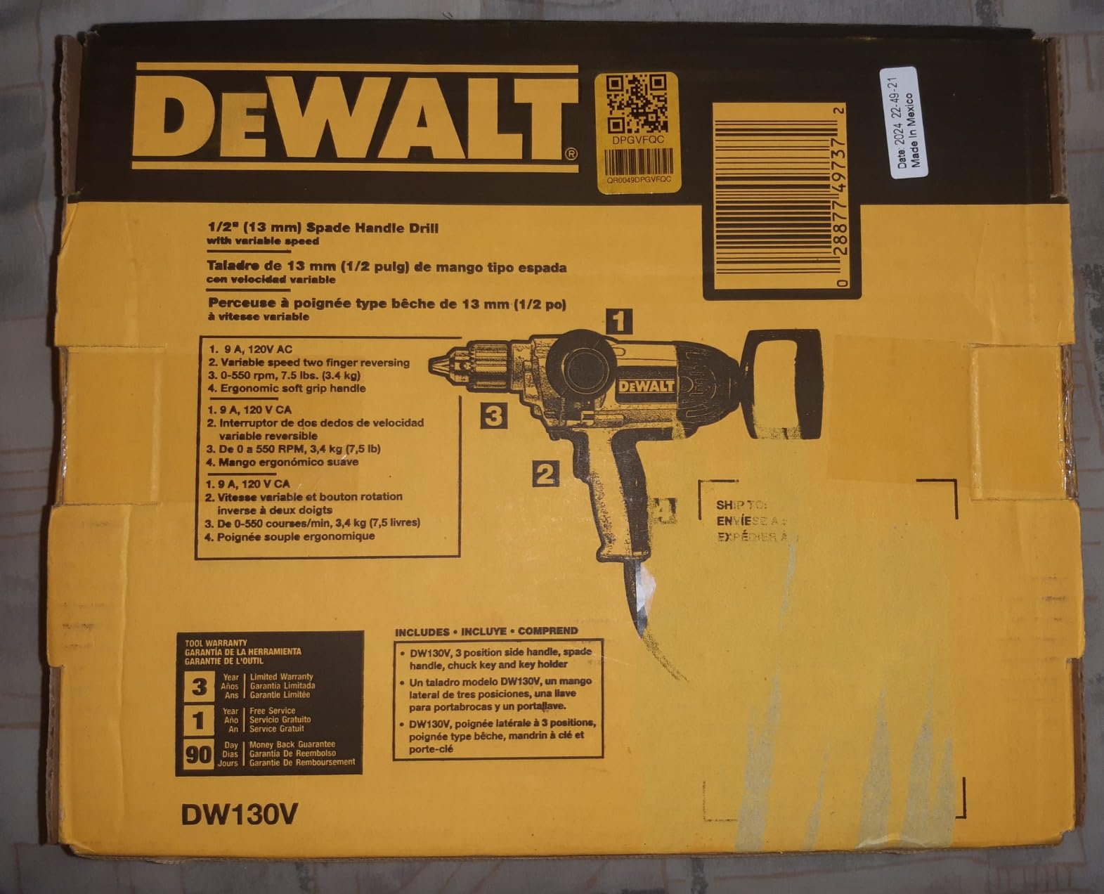 DEWALT Electric Drill, Spade Handle, 1/2-Inch, 9-Amp (DW130V) customer photo 1