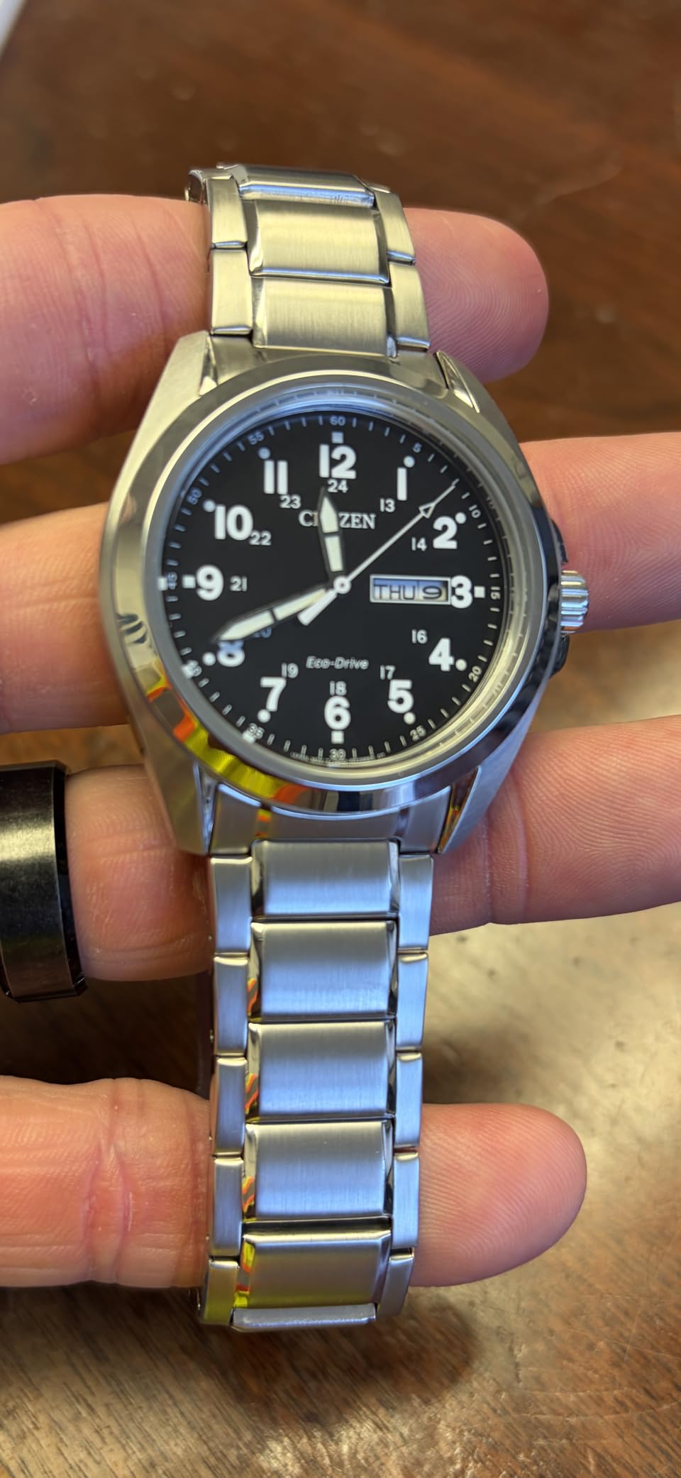 Citizen Men's Eco-Drive Weekender Garrison Field Watch in Stainless Steel, Black Dial, Arabic Markers, Luminous, 43mm (Model: AW0050-82E) customer photo 1