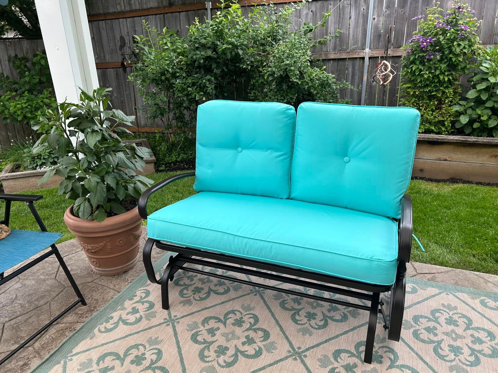 Giantex Outdoor Glider Bench, Patio 2 Person Loveseat with Removable Cushion, Thick Padded Seat, Stable Steel Frame, Outside Glider Swing Chair for Deck, Poolside, Yard, Balcony, Porch, Beige customer photo 2