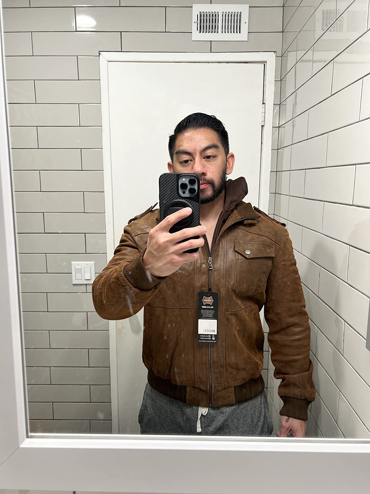 FLAVOR Men Brown Leather Motorcycle Jacket with Removable Hood customer photo 2