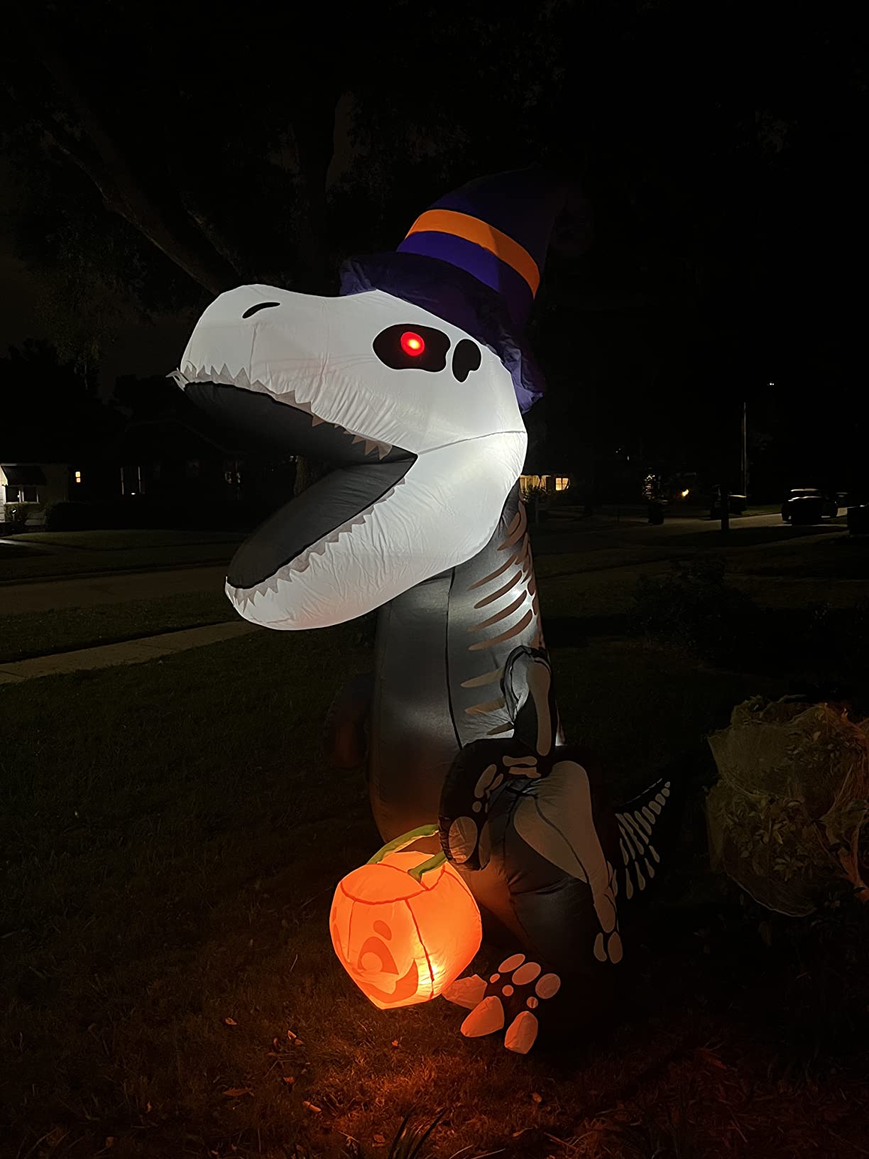 Joiedomi 8 FT Halloween Inflatable Skeleton Dinosaur with Pumpkin & Built-in LEDs, Halloween Blow Up Yard Decorations, Lighted Outdoor Dinosaur Skeleton for Garden, Lawn, Patio & Holiday Outside Decor customer photo 2