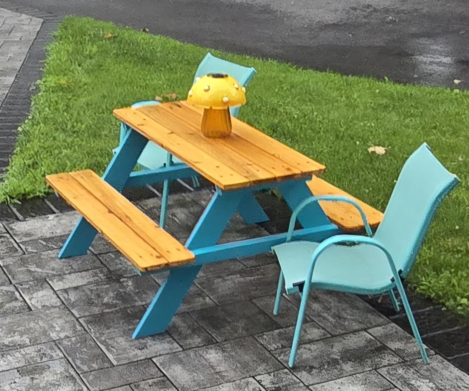Teamson Kids - Wooden Outdoor Child Children Kids Picnic Table & Chair Bench Set - Brown/Aqua customer photo 1