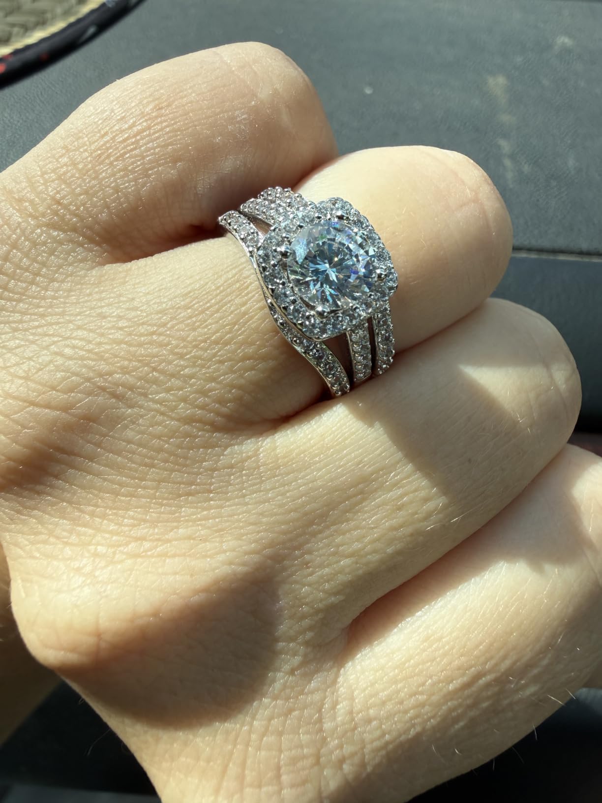 MDFUN 18K White Gold Plated Cubic Zirconia Three-in-One Halo Wedding Engagement Promise Eternity Ring for Women customer photo 2