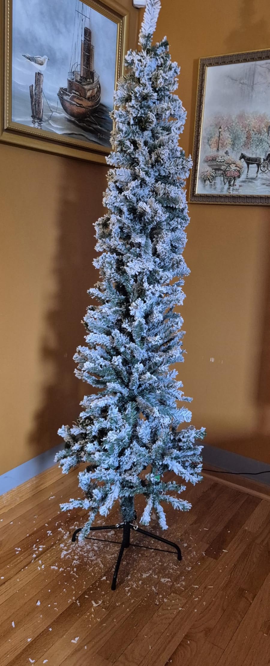 HOMOM 7.5ft Flocked Christmas Tree, Pencil, Faux Snow, Foldable Metal Base customer photo 2